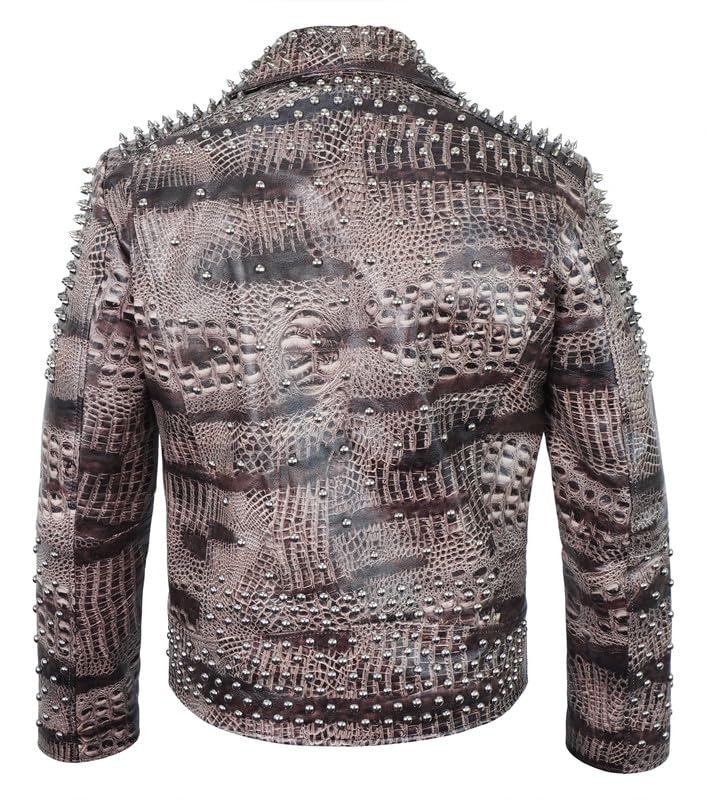 Mens Vintage Python SnakeSkin Pattern Studded Punk Rock Style Leather Biker Jacket Brando Spikes Coat3