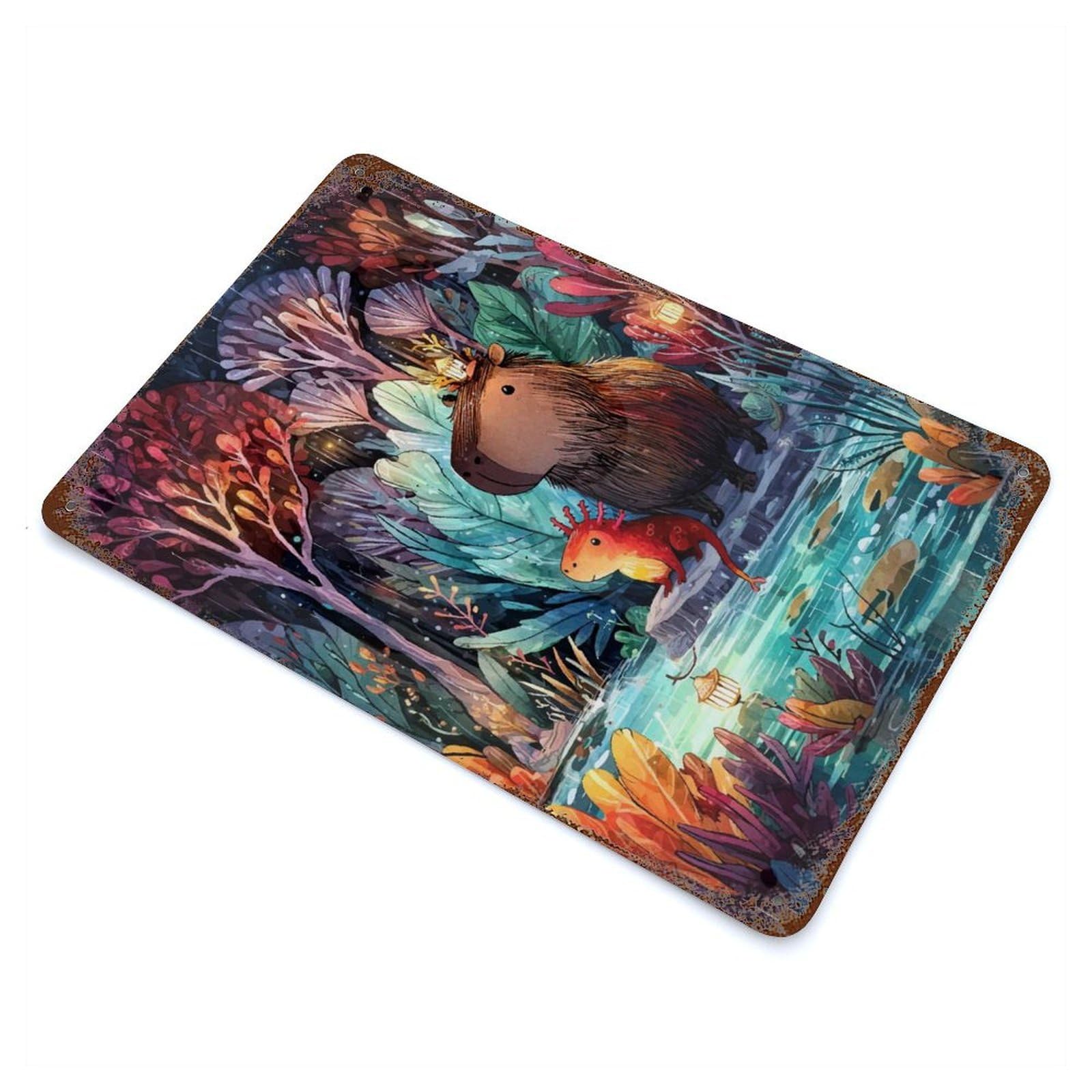 Capybara And Axolotl in Rainy Forest Retro Metal Sign 11.8"x7.9", Ideal for Shed, Workshop And Garage Wall Decor