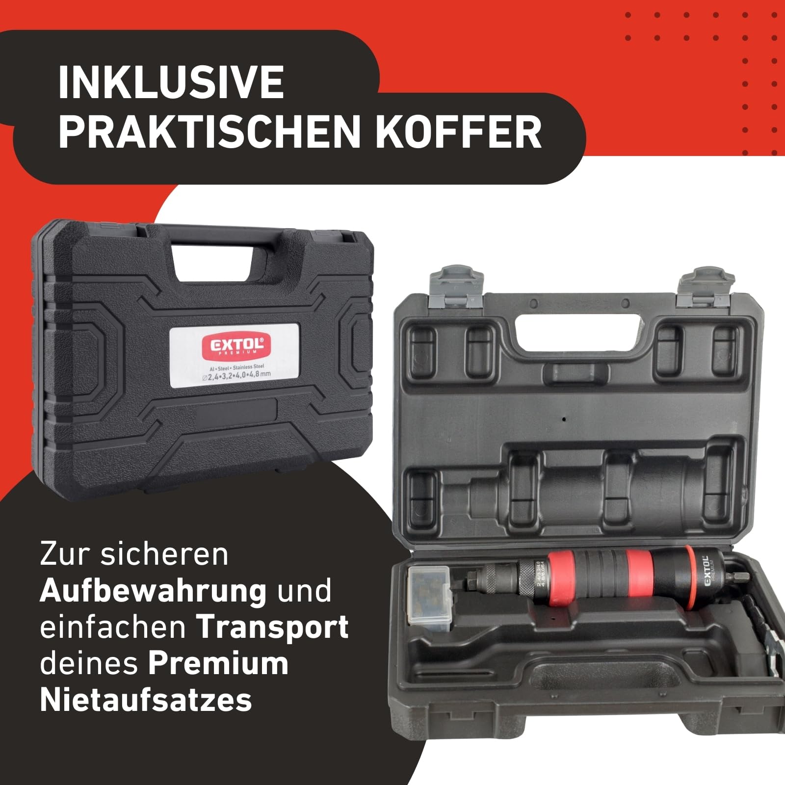 Nietenaufsatz - Für Bohrmaschine & Akkuschrauber mit 6mm Sechskantaufnahme - Blindnietzange für 2,4-4,8mm Nieten - Universeller Nietaufsatz für Aluminium, Stahl & Edelstahl Blindnieten