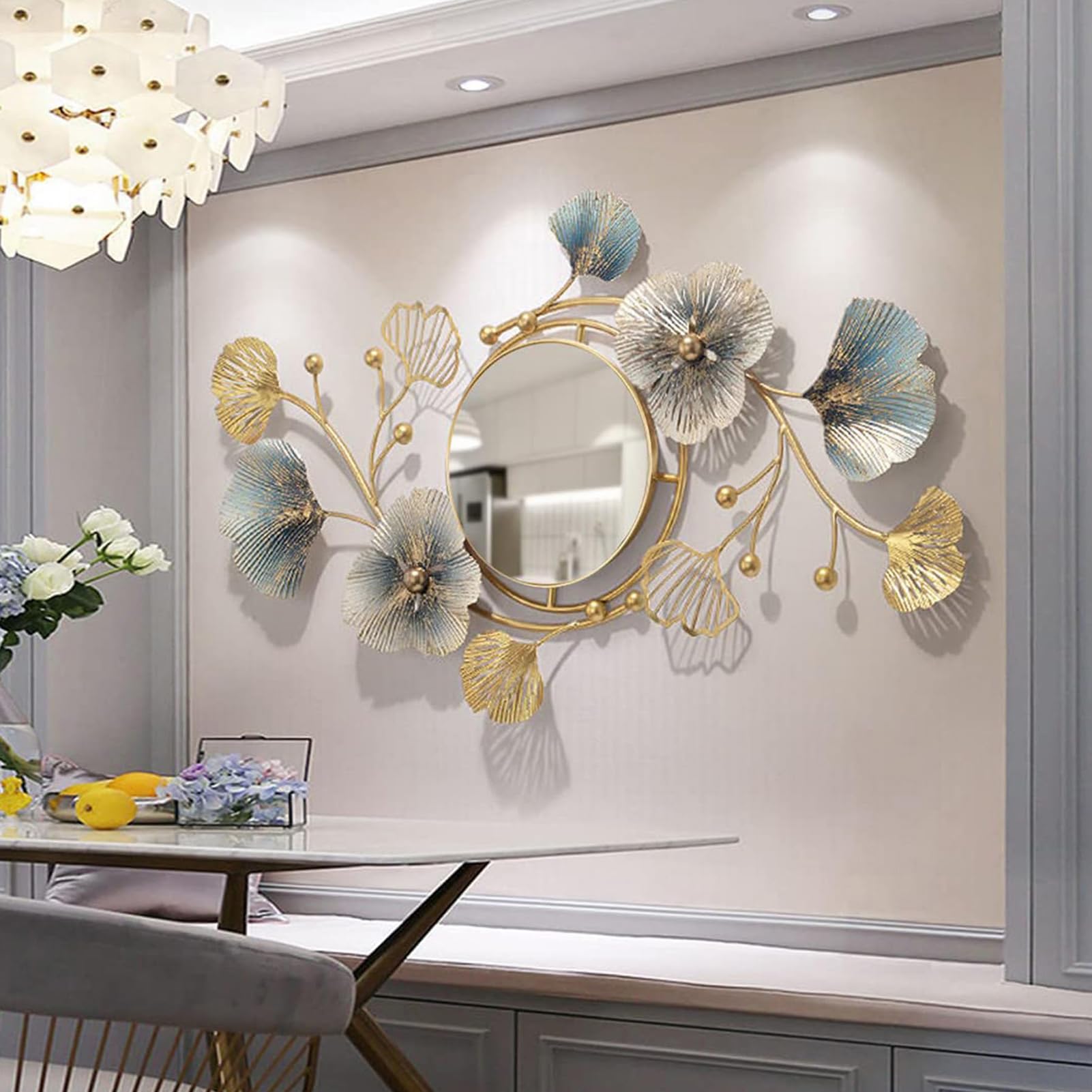 Grande Specchio Montato a Parete, Design Foglia di Ginkgo in Metallo, Specchio da Parete Decorativo per Camera da Letto, Soggiorno, Bagno, Vanità, Ingresso - Elegante Accento per la Casa