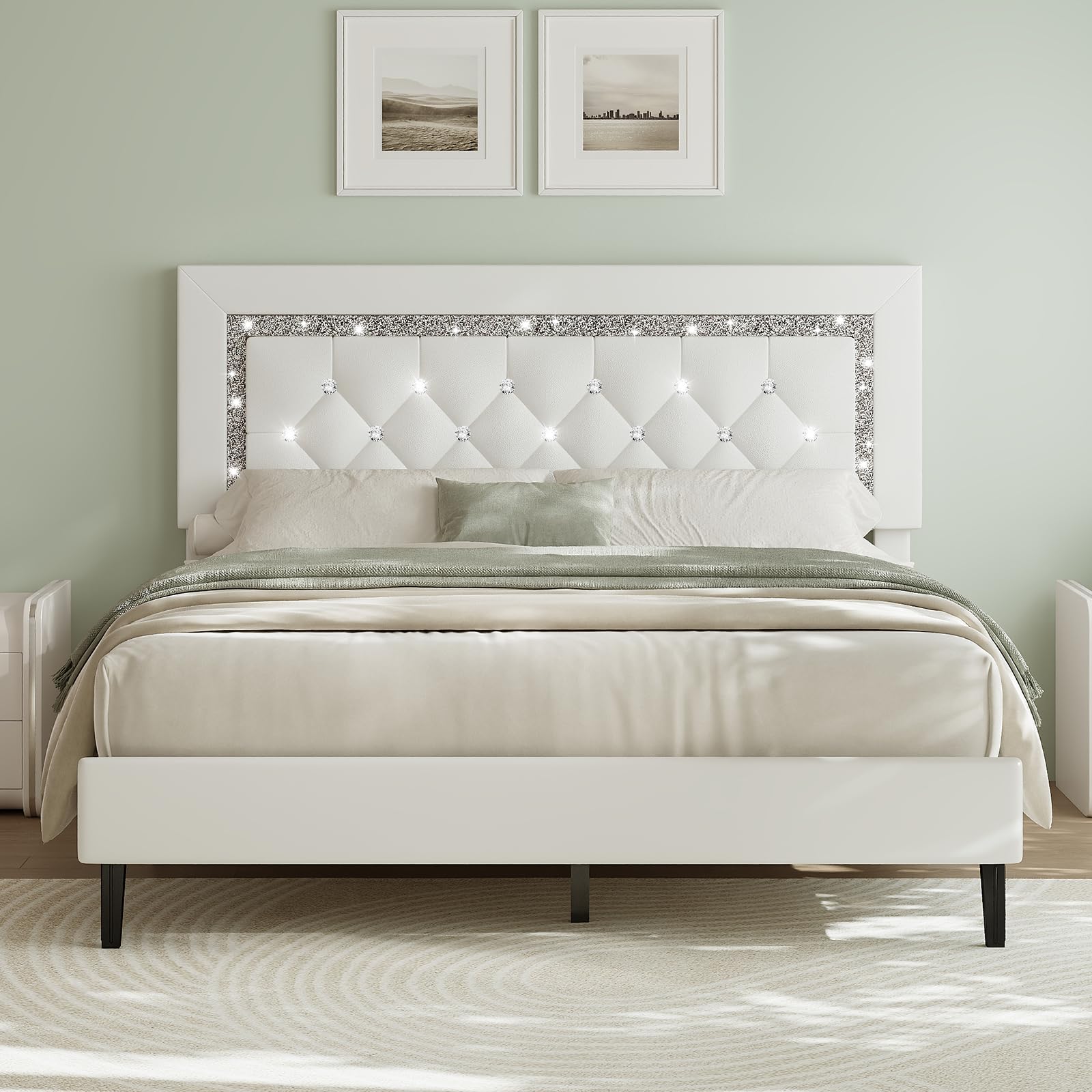 HOMBCK Double Bed Frame, Upholstered Platform Bed with Diamond Tufted Headboard, Wood Slat Support, No Box Spring Needed, White, 135x 190