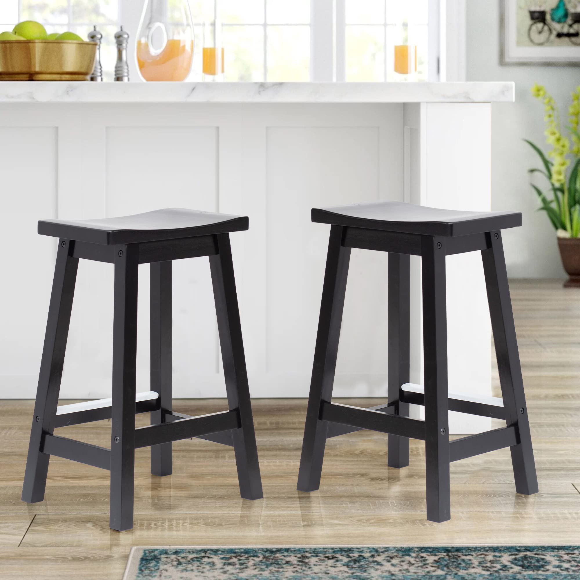 Bar Stools Set of 2, Countertop Solid Wooden Saddle Seats 24-Inch Height, Backless Barstools with Footrest, Industrial Style Counter-Height Stools for