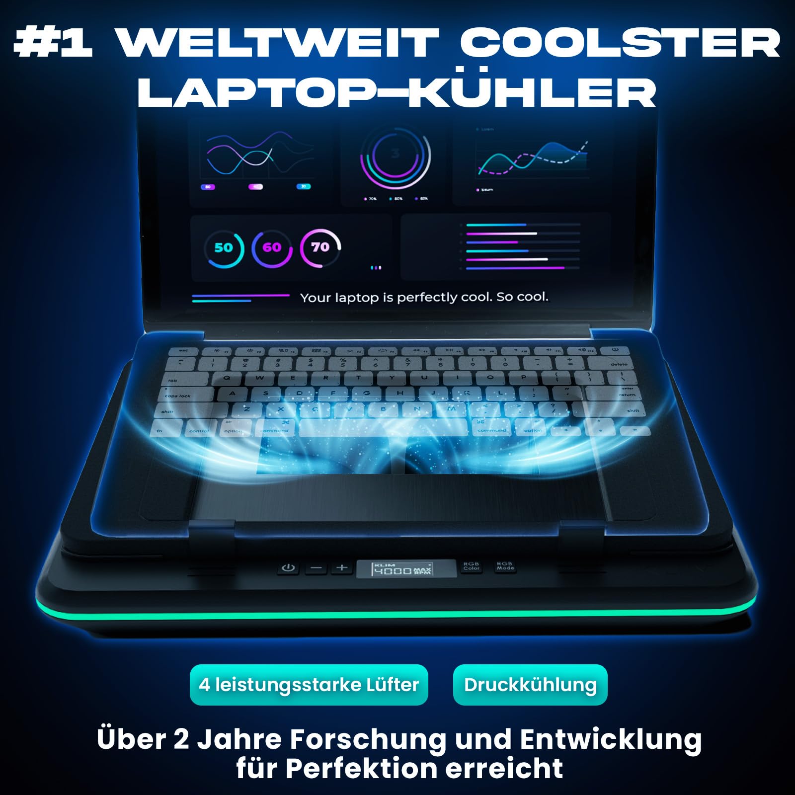 KLIM Turbofrost Laptop Kühler - Gaming Laptop Kühlpad mit 4 Turbolüftern - 4x4000 RPM, 2 Leistungsmodi (USB-C/DC), RGB, 4 USB-Ports und Dämpfung für schnelle Kühlung. Für bis 17 Zoll - Schwarz