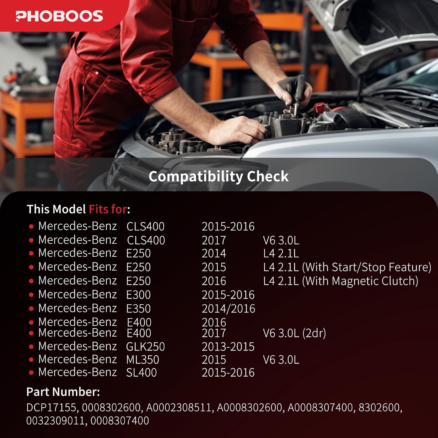 PHOBOOS A/C compressor with Clutch Compatible with Mercedes-Benz E250 2014-2016, E300 2015-2016, E350 2014 2016, E400 2016-2017, GLK250 2013-2015, CLS400 2015-2017, SL400, ML350, Ref. 8302600