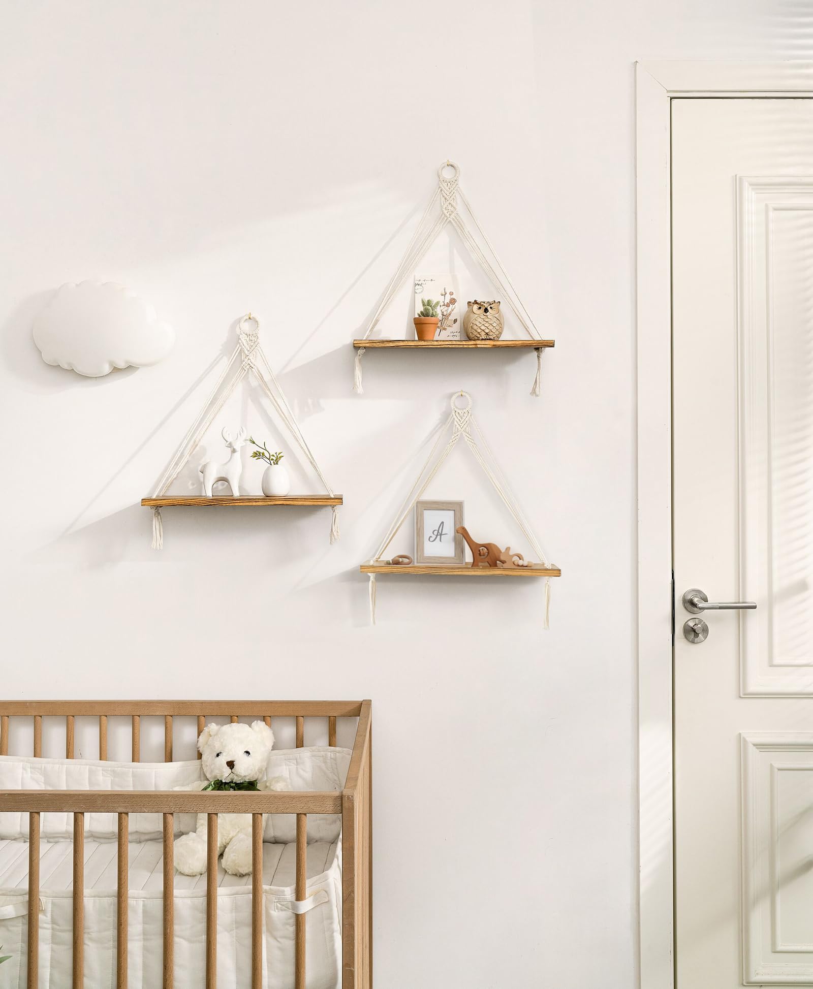 Mkono Lot de 3 étagères murales flottantes en macramé style bohème rustique pour chambre à coucher, salle de bain, salon, chambre d'enfant, dortoir, présentoir pour suspendre des plantes et des photos