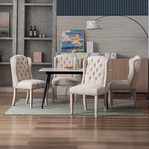 Miniatura 8 de HEAH-YO Juego de 2 sillas de comedor modernas, sillas de cocina tapizadas con patas de madera y clavos de cobre, sillas copetudas sin brazos para