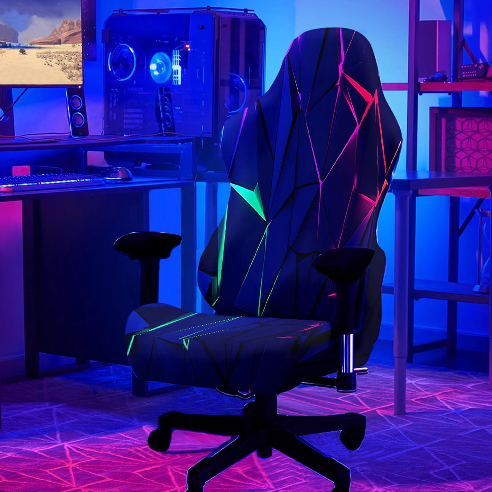 Blacklight Gaming Chair Cover – UV Reactive Neon Geometric Pattern Desk Chair Slipcover, Glow in The Dark Stretch Washable Chair Protector for Esports Chairs, Gamer Room Decor