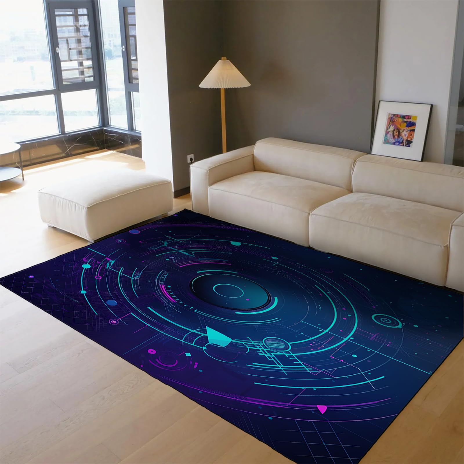 Dywan z motywem cyberpunku, zmywalny, geometryczna, sztuka cyfrowa, antypoślizgowy, dywan do sypialni, odporny na plamy, dywan do pokoju zabaw, 120 x 200 cm