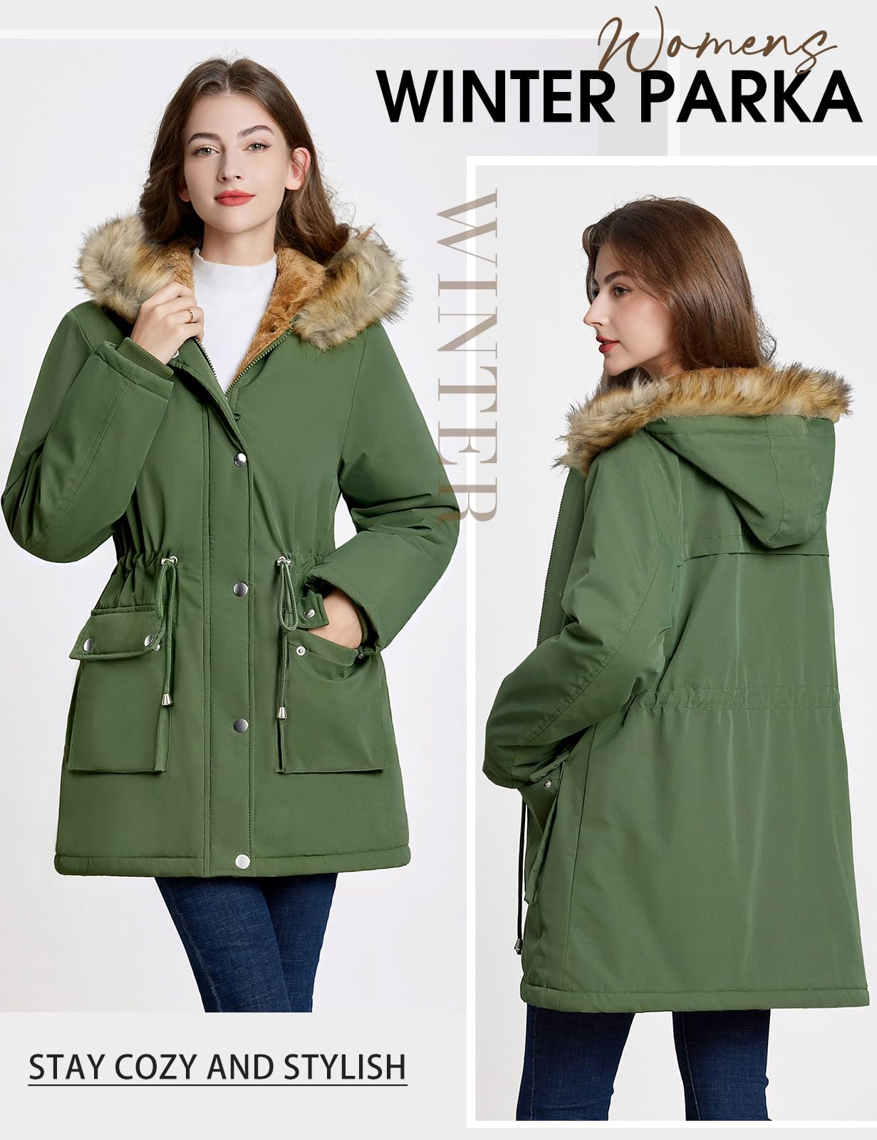 Xnova Abrigos Parka Mujer Invierno de Forro Polar Chaquetas Impermeable Largo Chaquetones Termica de Cremallera con Capucha de Pelo Sintetico Cazadora Cálido Gruesa