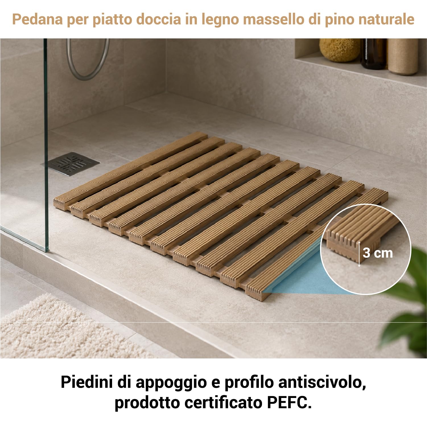 Crisalide® - Pedana Doccia in Legno di Pino Naturale 57x57 cm, Pedana Antiscivolo Waterproof con Doghe Drenanti, Piedini di Appoggio, Tappeto Doccia in Legno per Bagno e Piatto Doccia