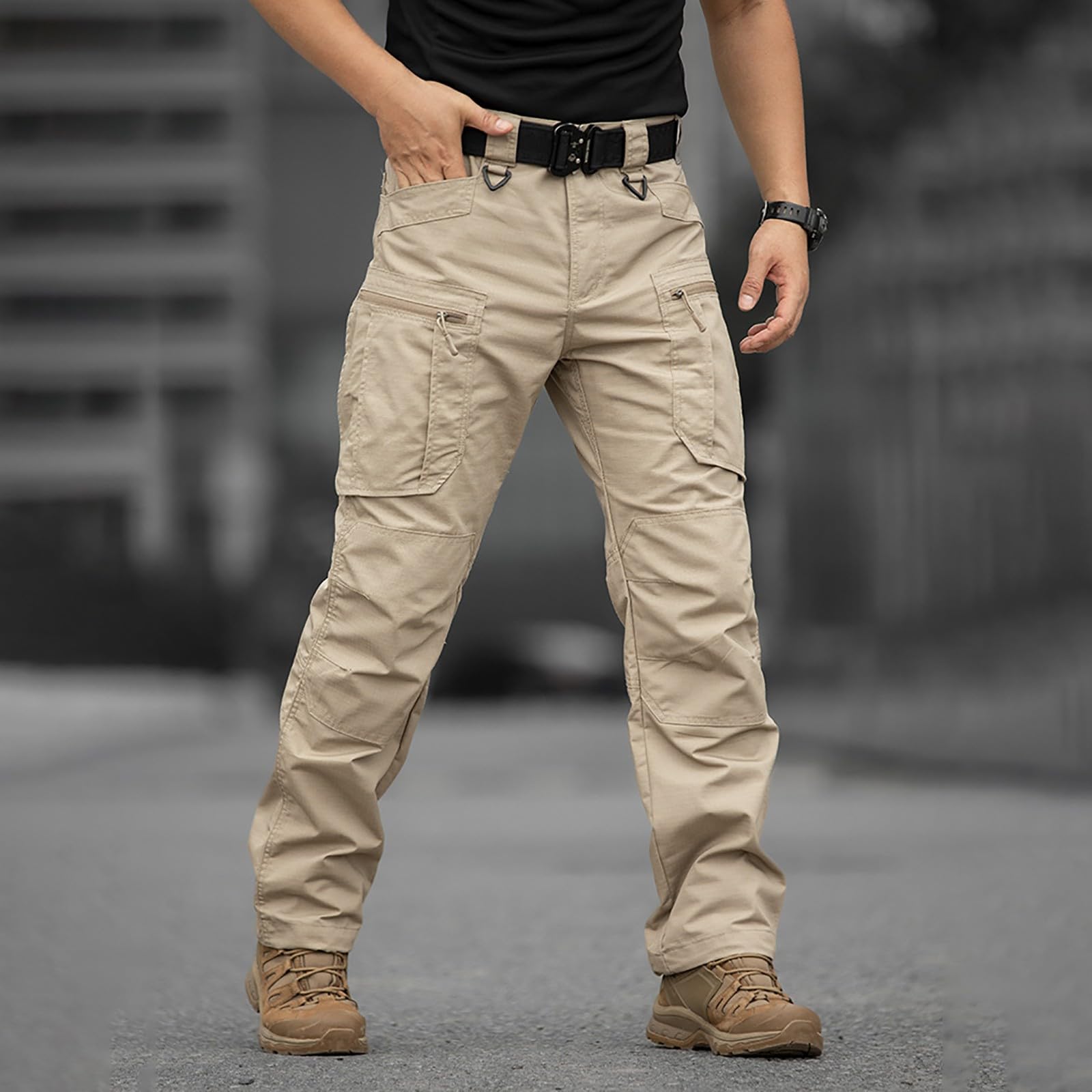 Pantaloni tattici da uomo, in tinta unita, per attività all'aperto, impermeabili, traspiranti, con tasche, slim fit, ad asciugatura rapida, pantaloni da lavoro