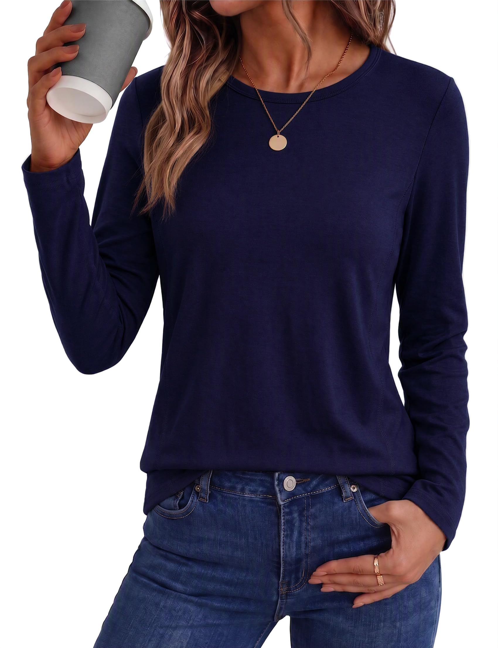 Crewhpo Langarmshirt Damen Rundhals Lockeres Basic Oberteil Alltag | Weiche Haptik, Rundhals, Lange Ärmel, Lockere Passform, Einfarbiger Look, Büro, Alltag, Freizeit, Reise, Jeans