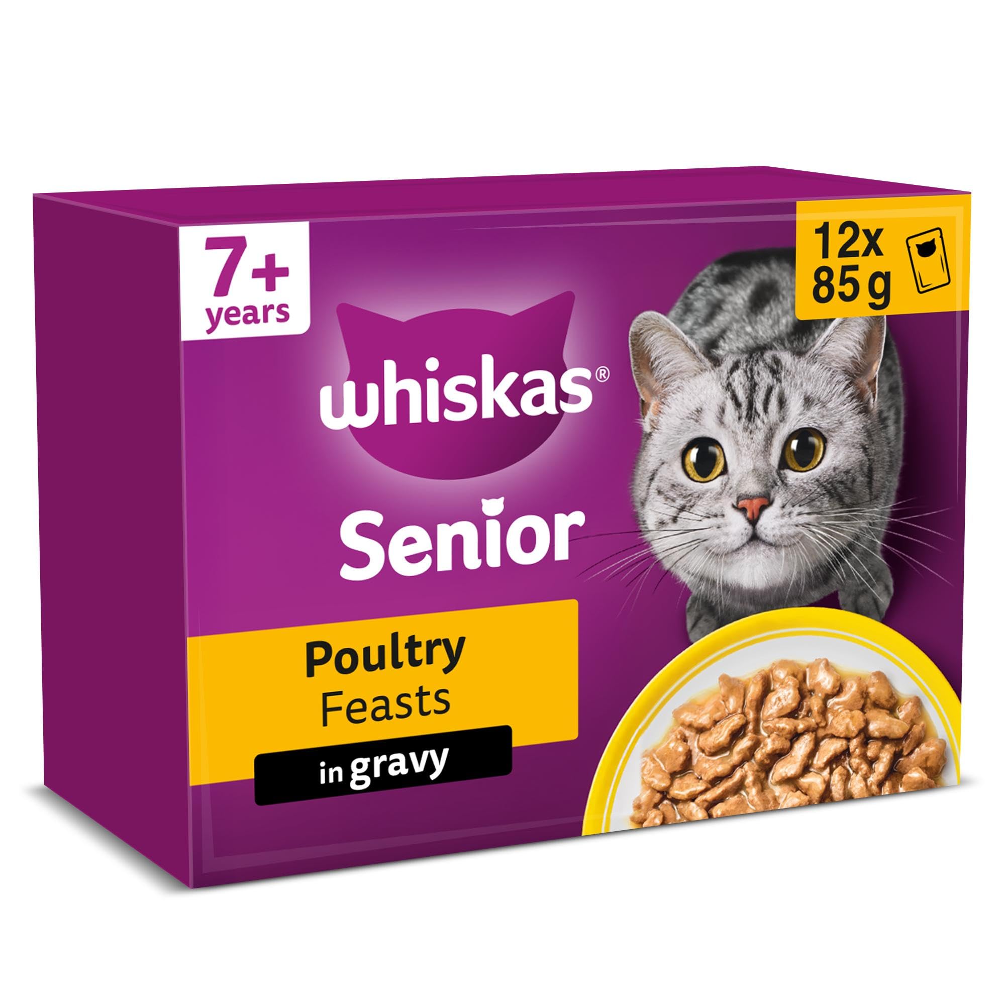WHISKAS 7+ Cat Pouches Poultry Feasts in Gravy, Pack of 4 (12 x 85 g)