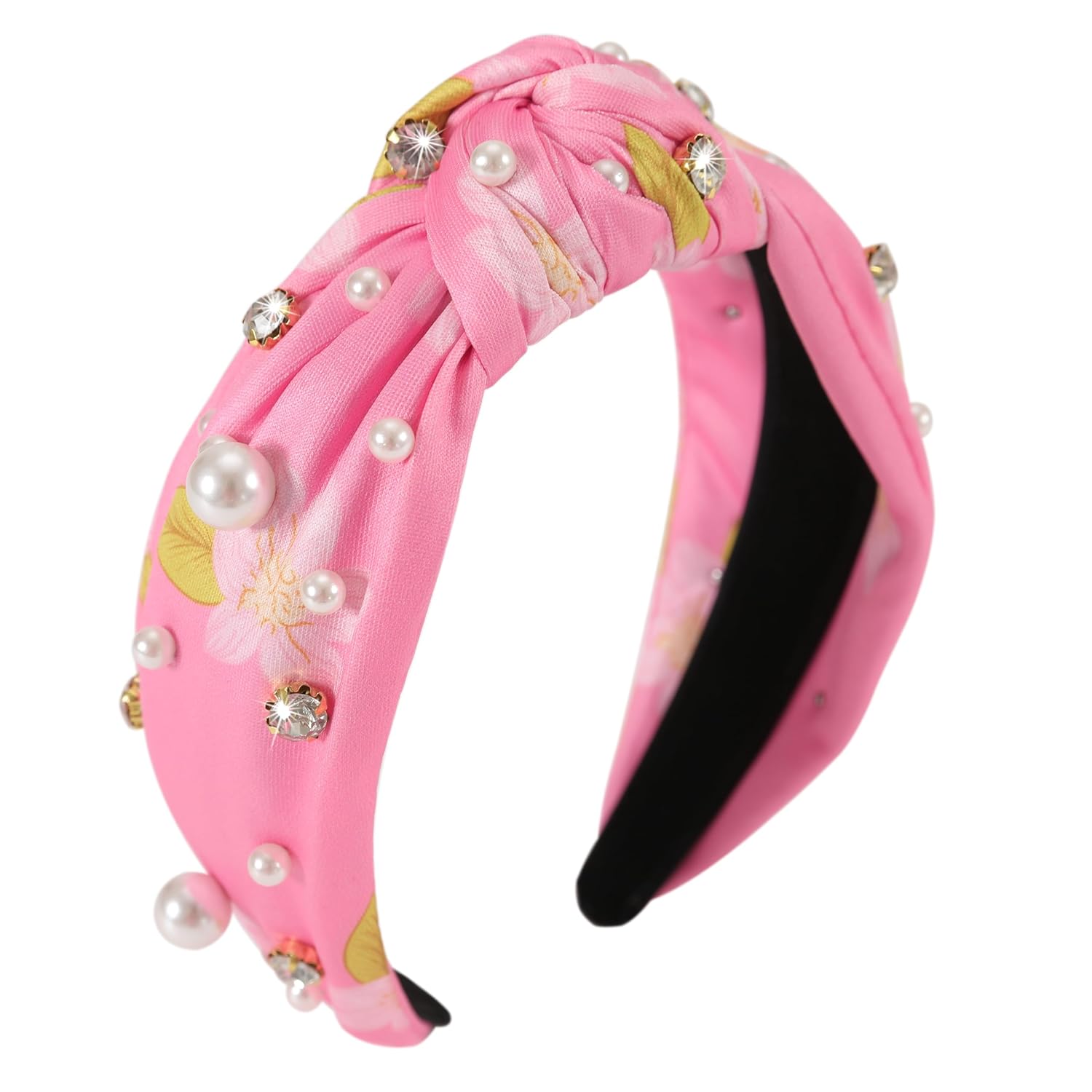 Floral Knotted Headbands for Women Girls Spring Summer Pearl Rhinestone Jeweled Headband Wide Fabric Flower Printed Hairband Fun Boho Beach Hair Accessories D-Pink