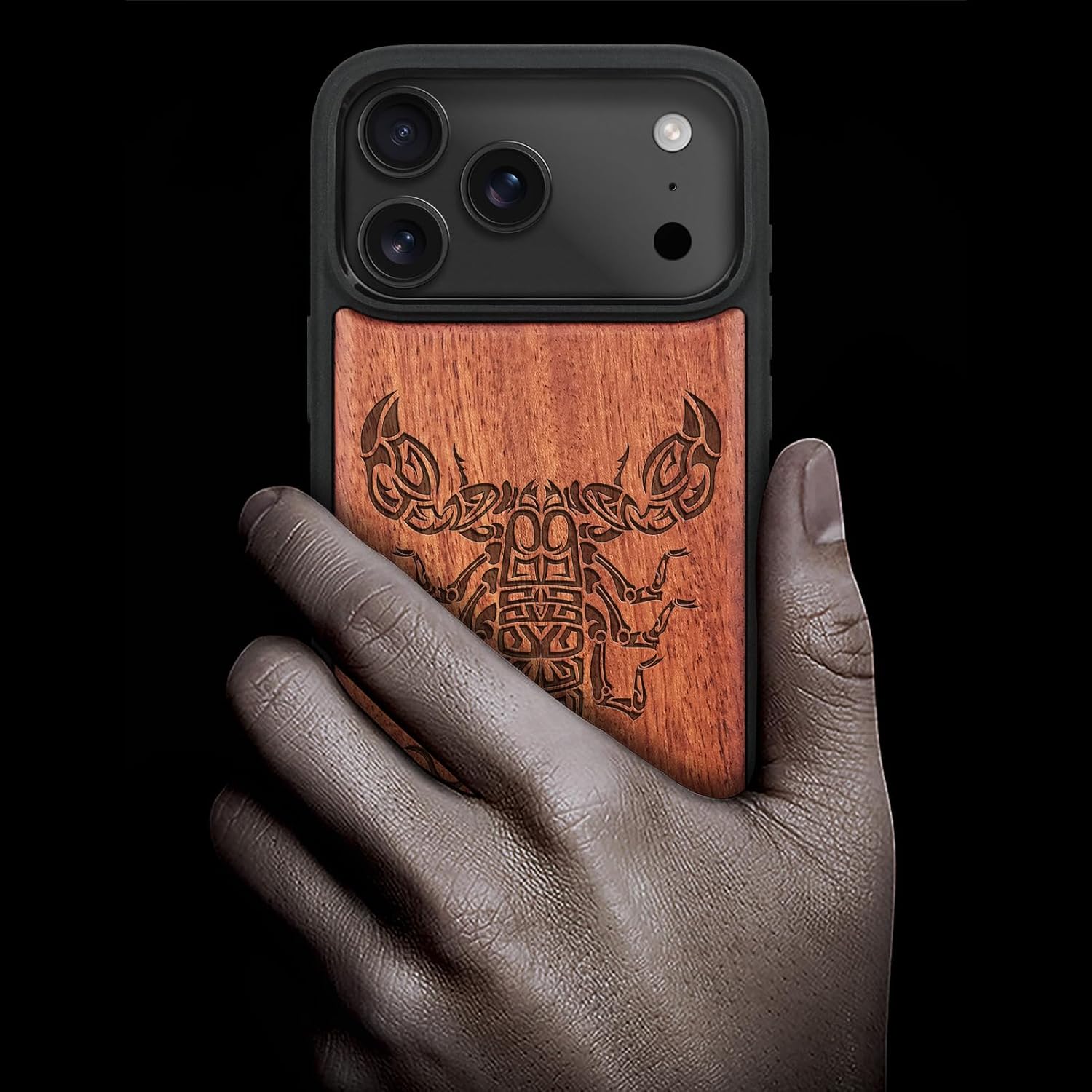 Carveit Magnetic Wooden Case for iPhone 17 Pro Case, Wood Artisan Engraved & Black Soft TPU Shockproof Cover, Compatible with MagSafe Wireless Chargers (Tribal Scorpion) Rosy