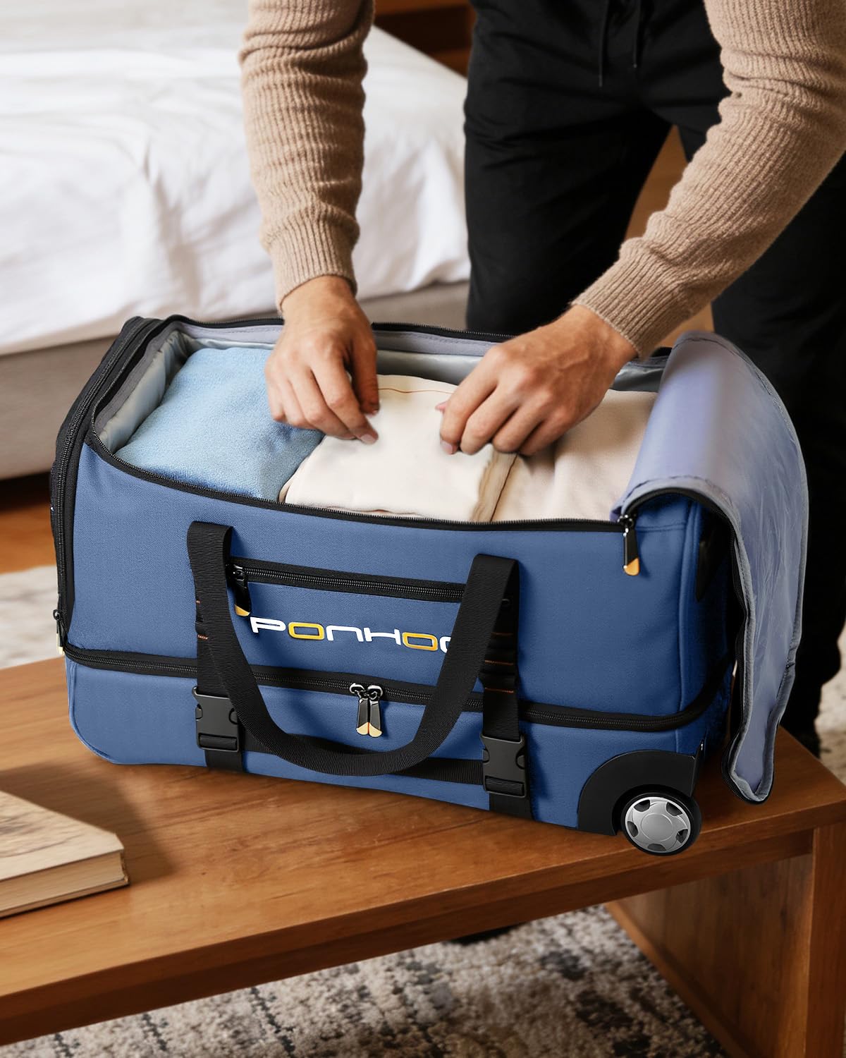 Ponhog Reisetasche mit Rollen - Trolley Sporttasche, Rolltasche mit Schuhfach und Wasserabweisend für Reisen, Fitness, Übernachtung, Ausflug, Wochenendausflug