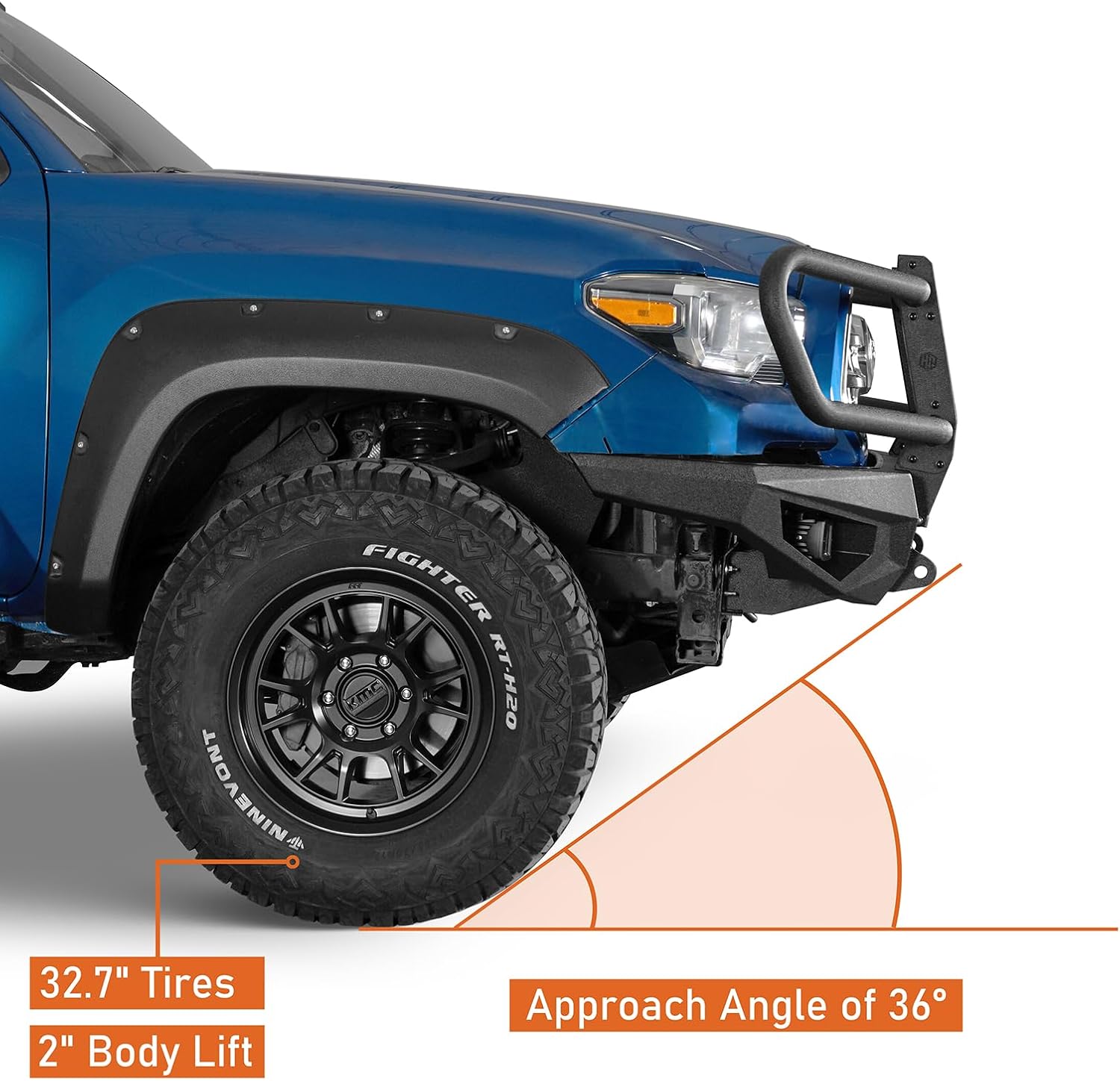 Hooke Road Tacoma Winch Front Bumper Brush Grille Guard for 2016-2023 Toyota Tacoma 3rd Gen Pickup, Solid Steel Rock Crawler Bumper with Push Bull Bar, LED Lights, D-ring Mounts