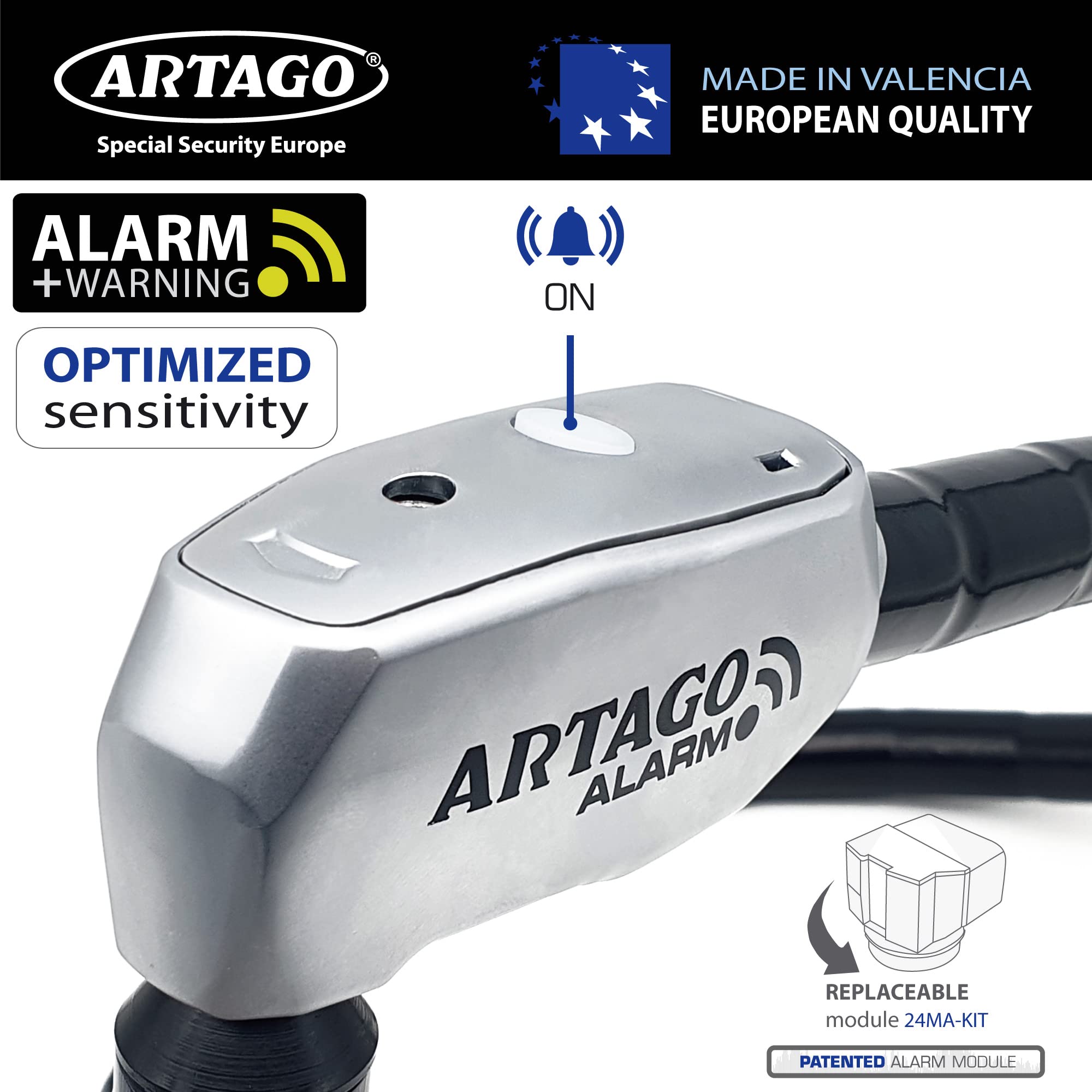 Artago ART6100 Candado Piton Moto Sin o Con Alarma 120dB, Cable Acero Articulado Blindado, 100cm, Flexible, Botón ON, Función Warning, Impermeable, Cadena Pitón Antirrobo Moto Bici, Patinete Electrico