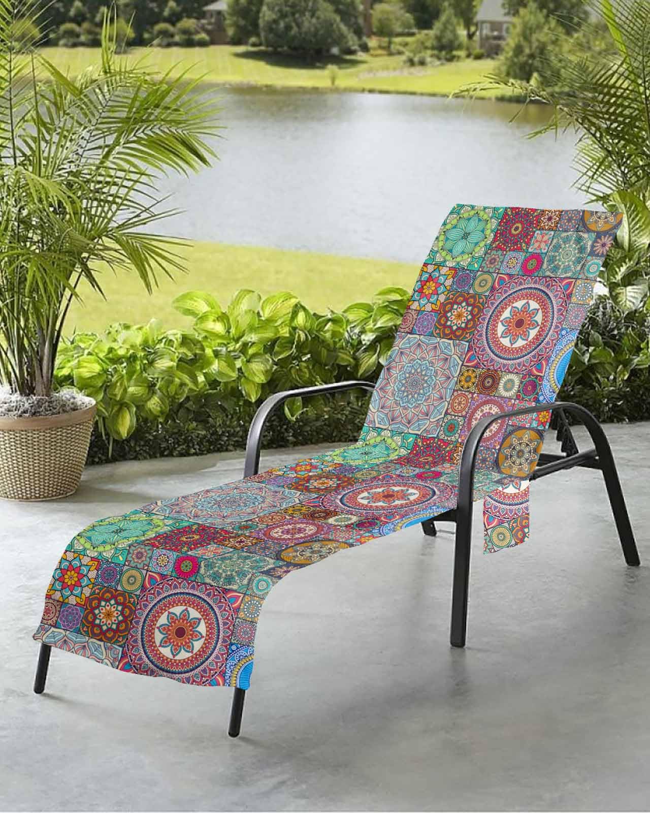 Abstract Ethnic Flower Beach Chair Towel Covers for Chaise Lounge with Side Pocket, Soft Plush Pool Towels Cover for Patio Sunbathing Outdoor Ethnic Colorful Bohemia Mandala 29''x85''