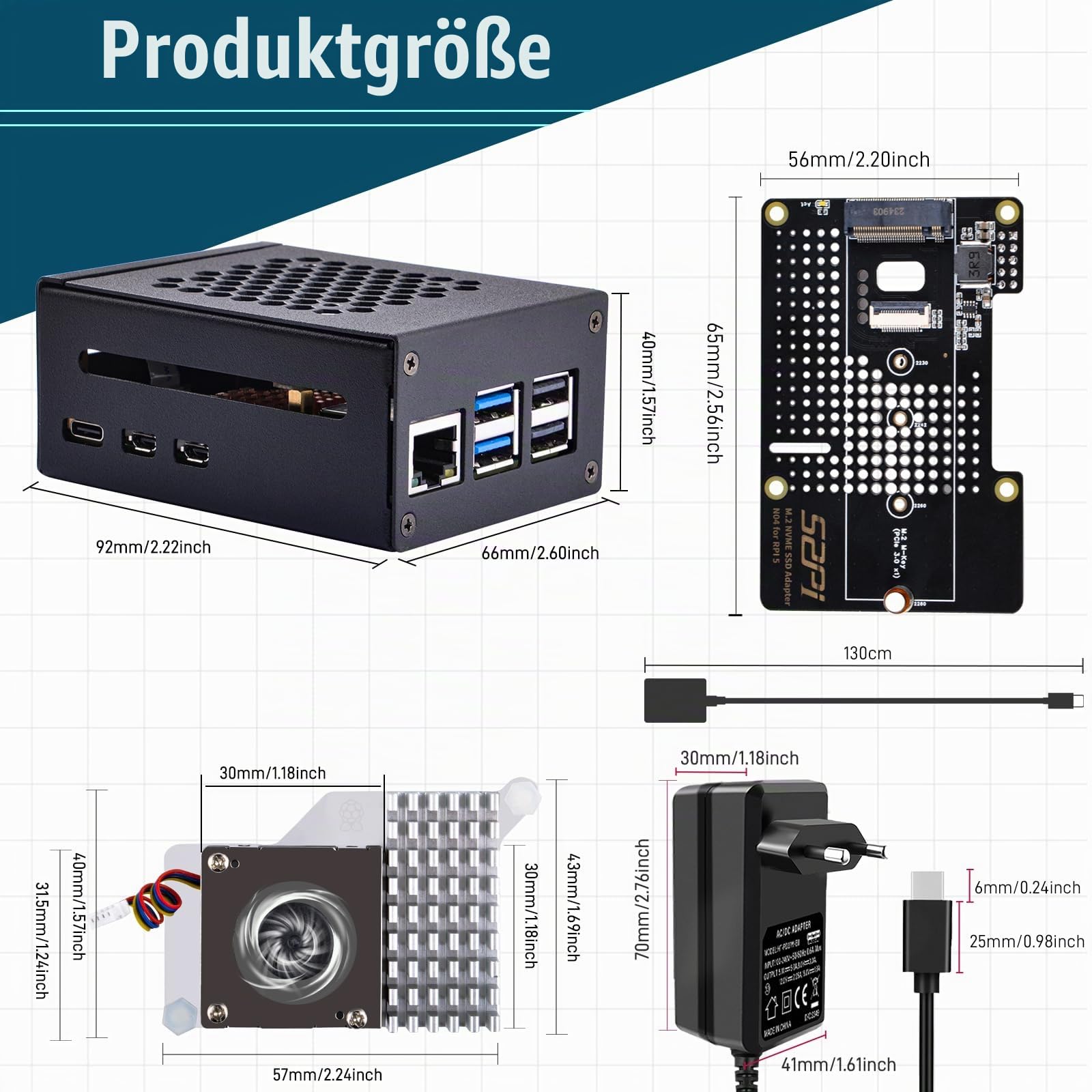 GeeekPi Metal Gehäuse für Raspberry Pi 5,mit Official Active Cooler,N04 M.2 NVMe SSD PCIe Peripheral Board und 27W USB C Netzteil für Raspberry Pi 5 4GB/8GB/16GB