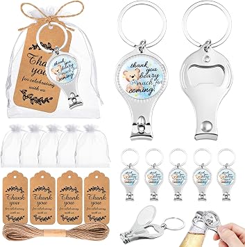 50 Set Baby Shower Bottle Openers Party Favors for Guests, Nail Clipper Bottle Opener Keychain Return Gift and Souvenirs with Organza Bags Thank You Cards for Gender Revel Decoration Supplies