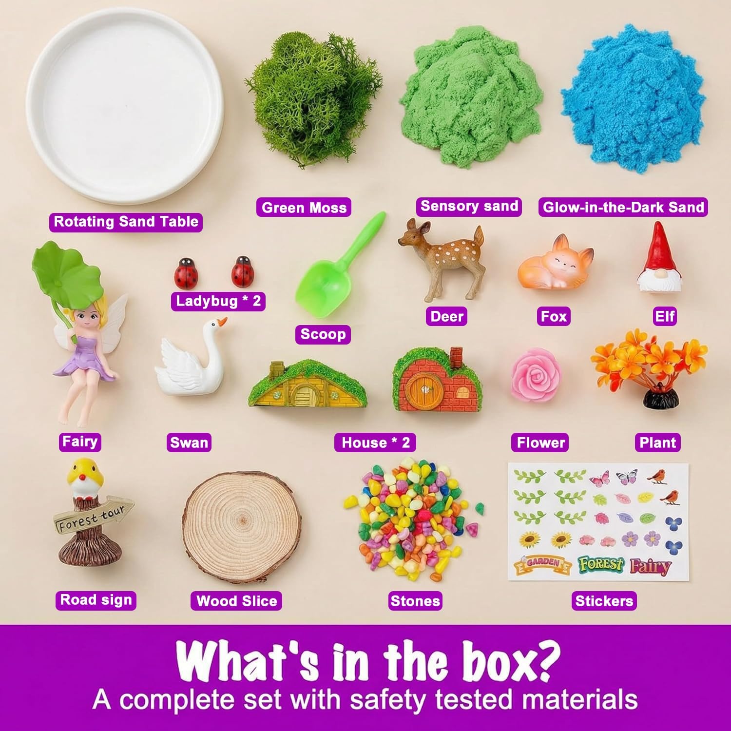 Spinning Fairy Garden Sensory Bin，Desktop Sandbox with Glow-in-the-Dark Sensory Sand，Rotating kit with 360°Turn Sensory Box for Stress Relief，Sand Play Set for Boys and Girls Ages 3 4 5 6 7 8
