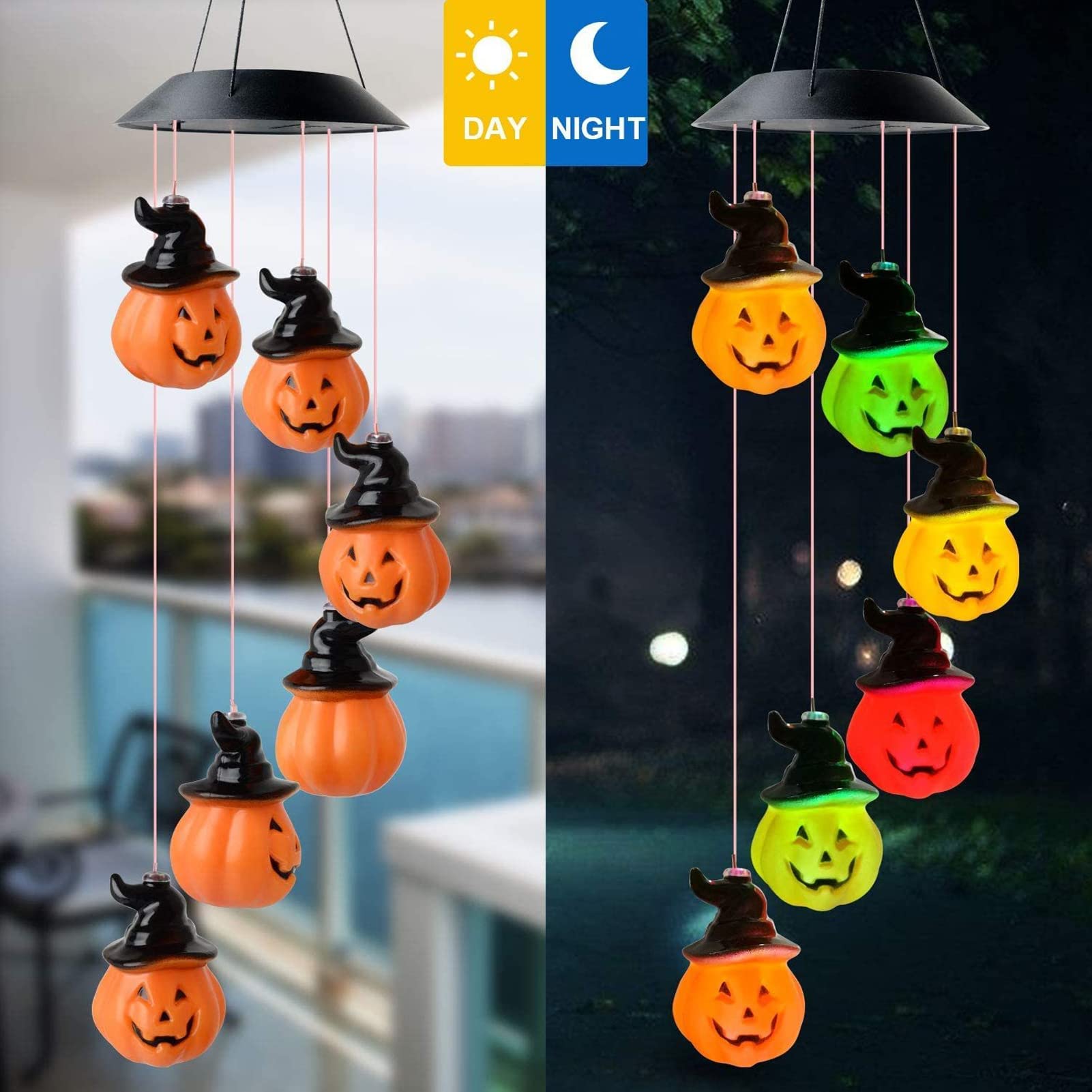 Carillon Éolien Solaire Citrouille Halloween - 6 LEDs Multicolores Étanches - Décoration Extérieure Jardin, Porche