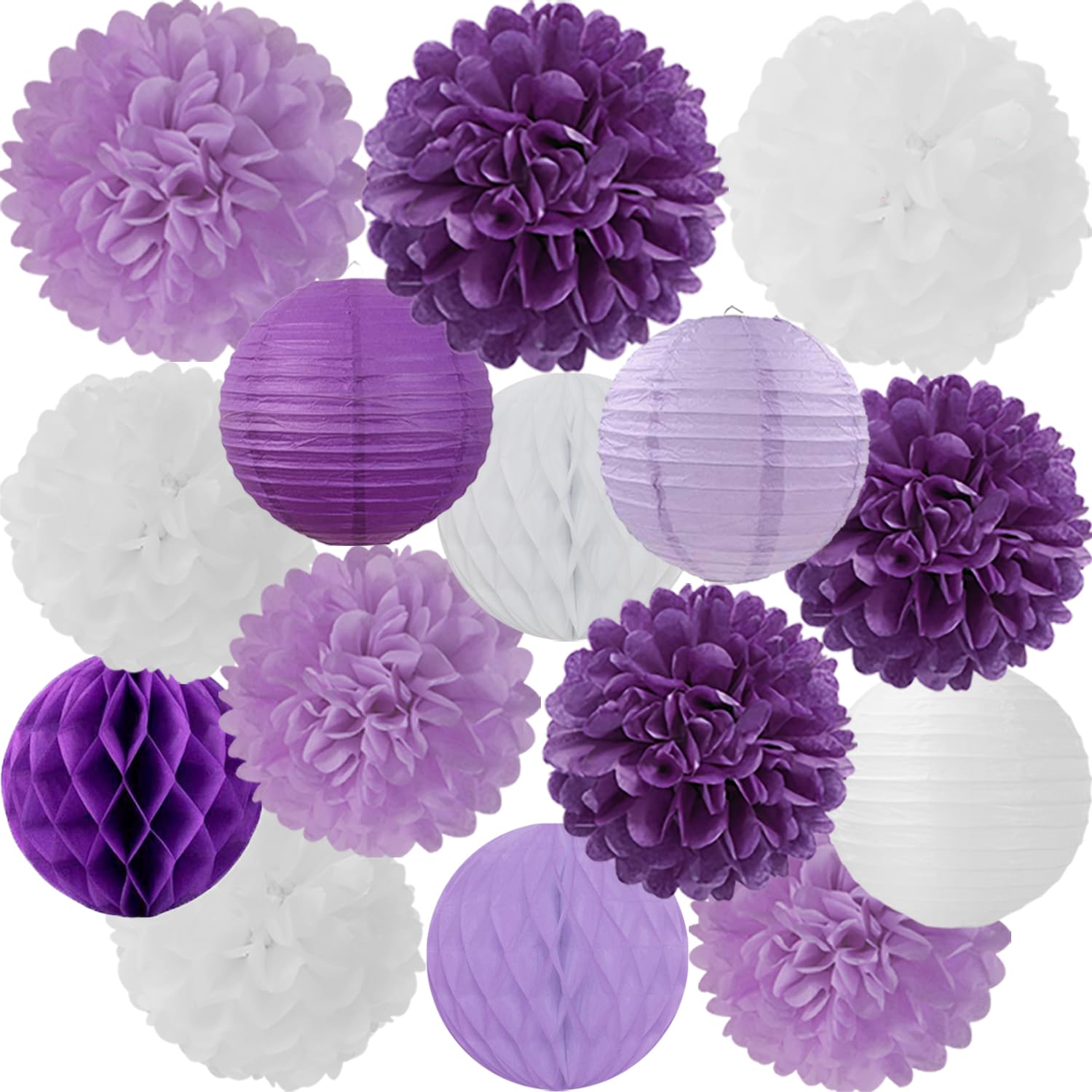 18 Pcs Purple Paper Lanterns Tissue Pom Poms Honeycomb Kit - 8" 10" Lavender White Hanging Party Decorations for Birthday Baby Shower Wedding Graduation Mothers Day Retirement Décor