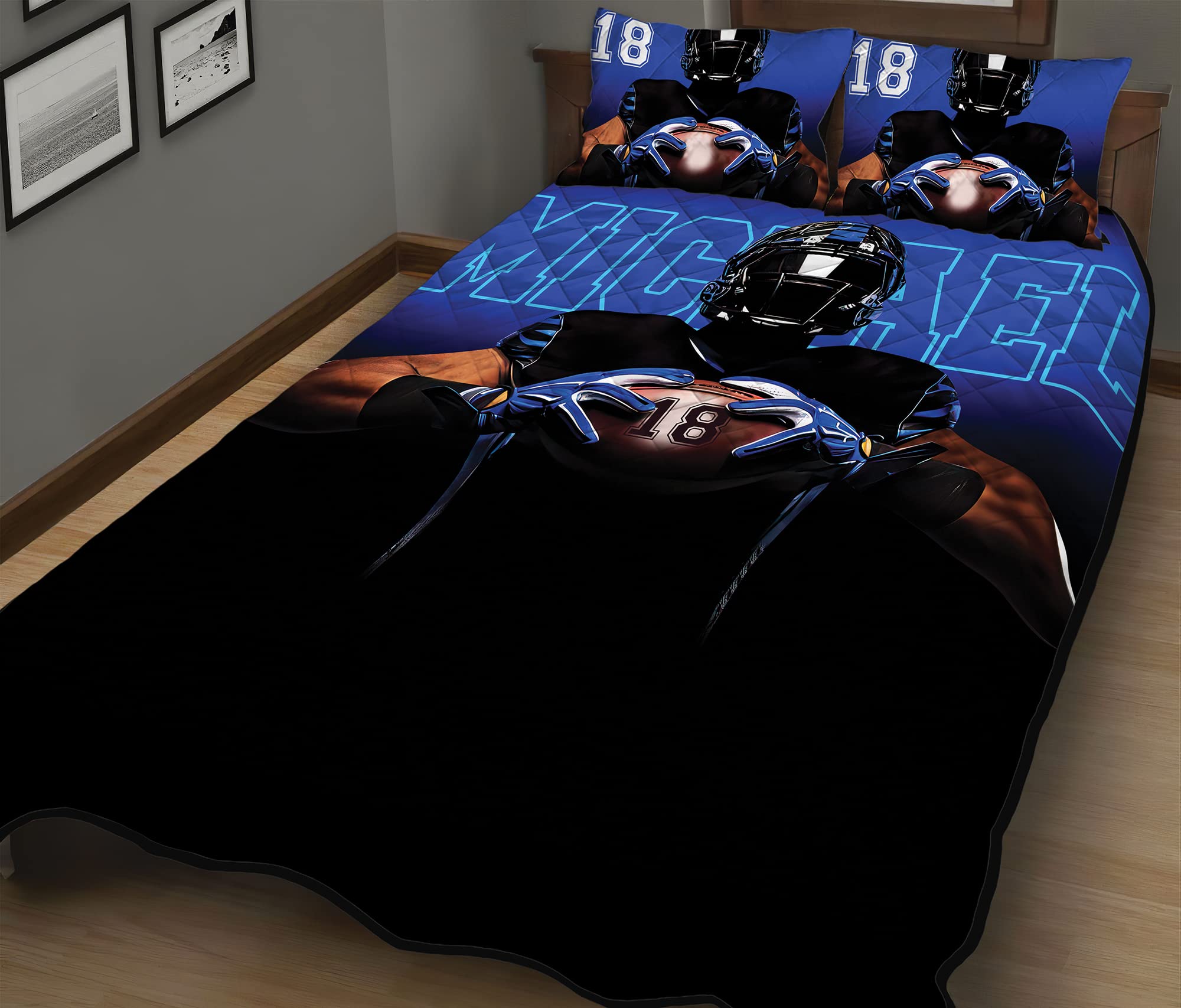 Encyhouse Custom Footballer Hold The Ball Quilt Set, Boys Football Comforter King Queen Twin Throw, Sports Bedding Quilt, Ultra Soft Lightweight Finely Stitched All Season Football Blanket