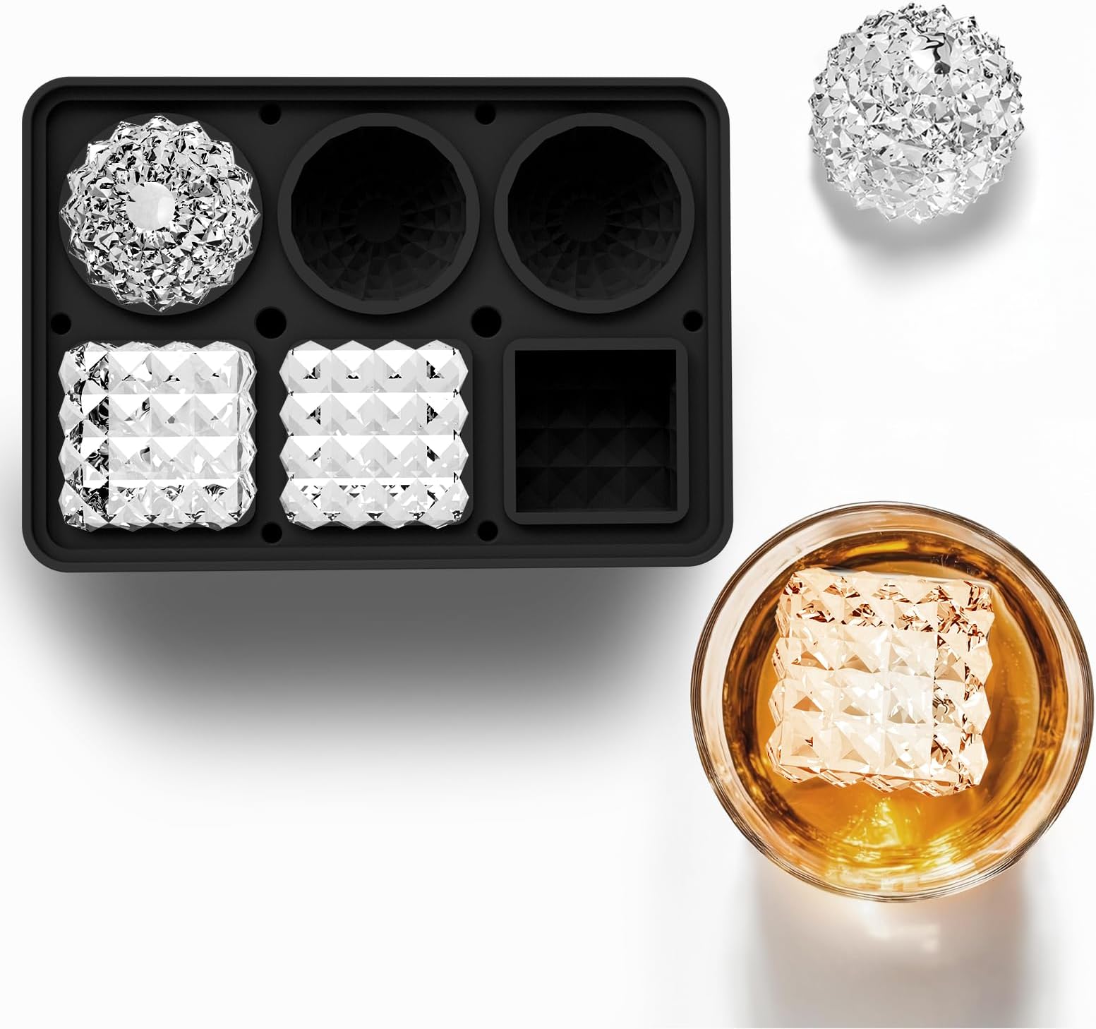 Large Silicone Ice Cube Molds with Lid, Easy Release 1.7 Inch Big Ice Cube Tray, Food-Grade Sphere Ball & Square Ice Cube Maker for Cocktail, Whiskey, Bourbon, Coffee, Drinks (black)