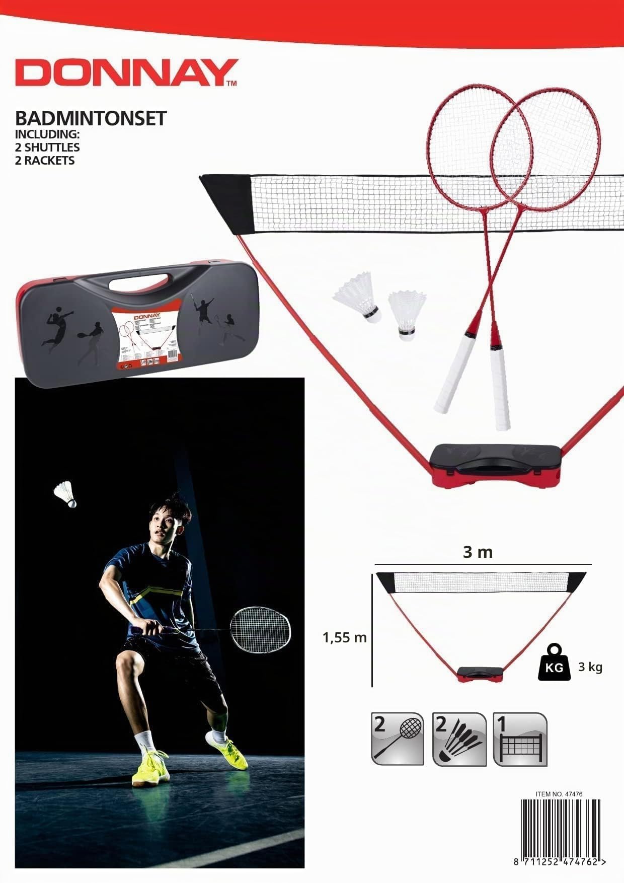 Donnay Badminton Set Complet - Raquette De Badminton pour 2 Joueurs - avec Volant et Filet Exterieur - Idéal pour Jeux Exterieur Adulte
