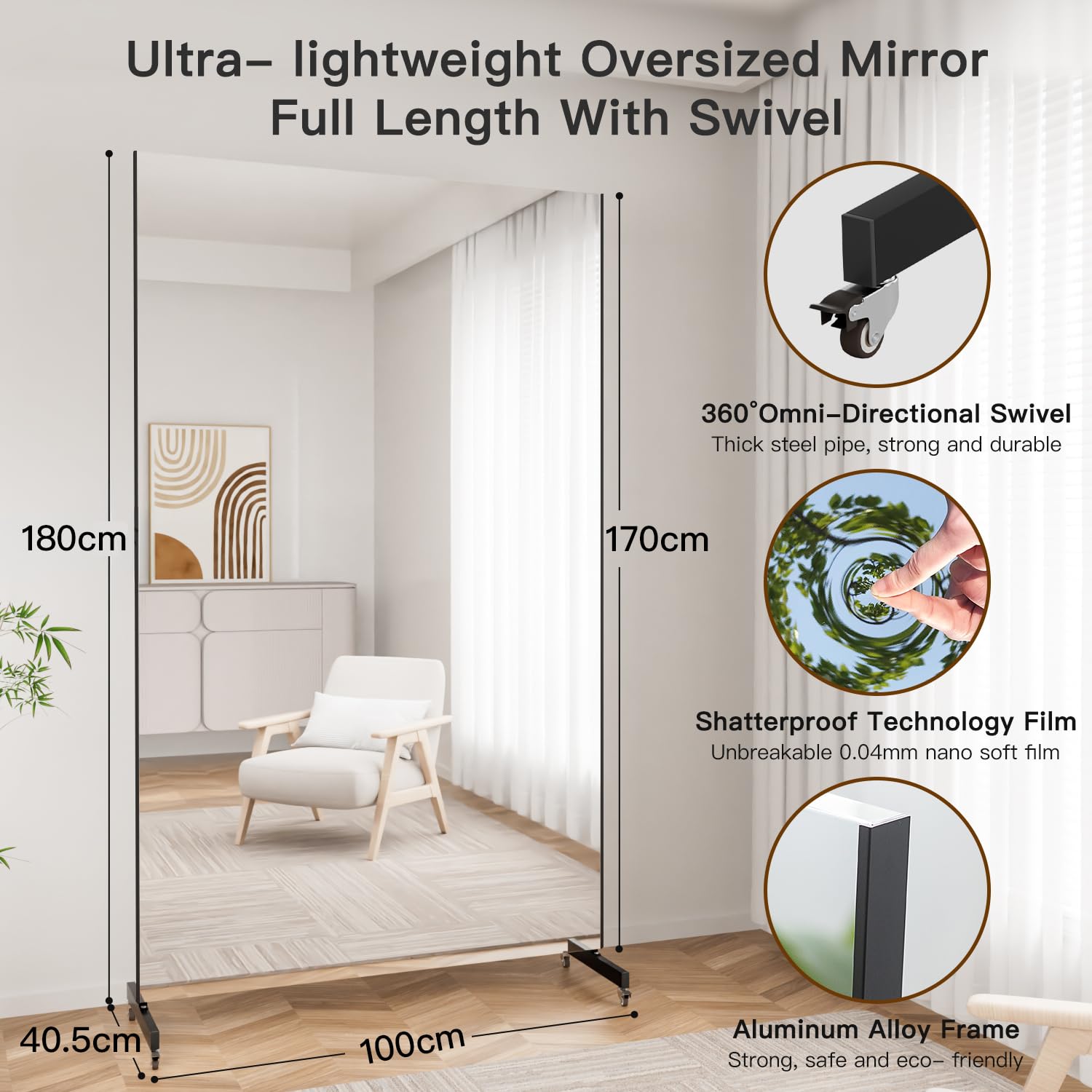 brisafe Ganzkörperspiegel 180x100cm, Spiegel Fitnessraum groß mit Rollen, 360° Drehbar Standspiegel Unzerbrechlich Spiegel Schwenkbar Tanzspiegel für Yoga Schlafzimmer Wohnzimmer Geschäft, Schwarz