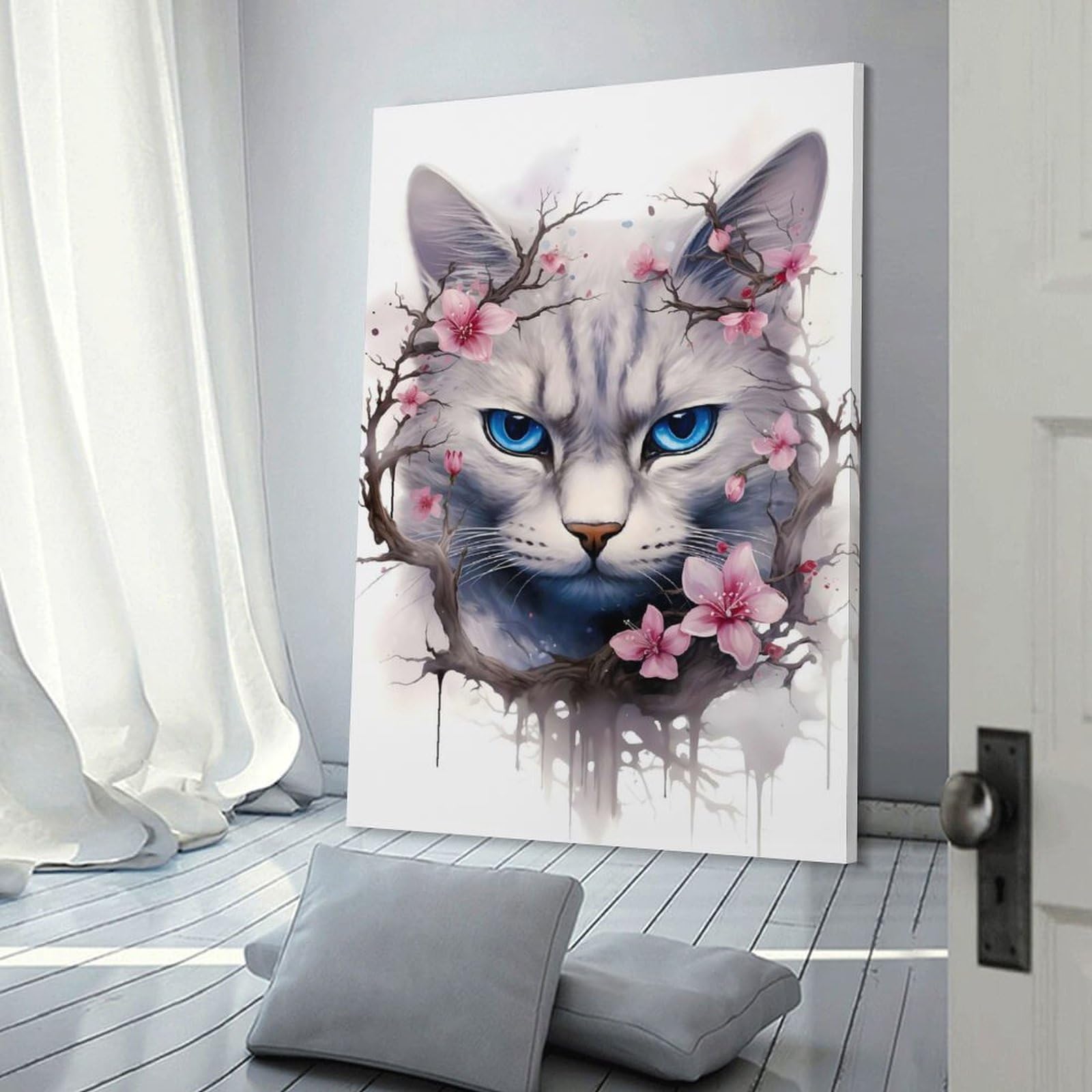 Junmoney Cherry Blossom Gray Cat Wall Picture Print 12x18inch(30x45cm), for Lounge Decor, Offices Or Entryway Styling, A Flexible Wall Accent for Shared Spaces