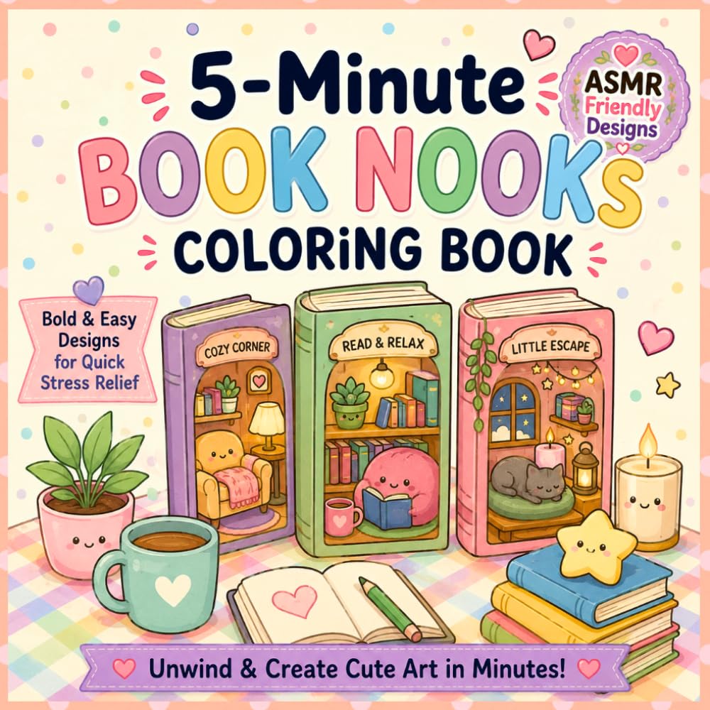 5-Minute Book Nooks Coloring Book: Bold and Easy Designs with Cozy Reading Corners, Bookshops, Hidden Rooms and Magical Book Worlds for Adults and Teens (5-Minute Coloring Book)
