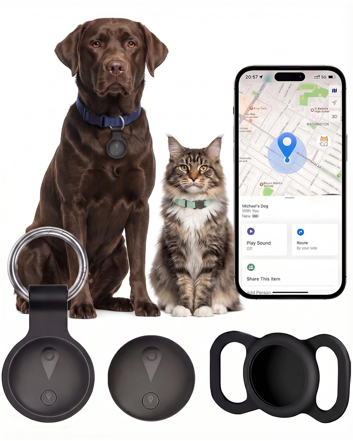 Traqueur GPS intelligent pour chiens, avec emplacement en temps réel, pour Android et iPhone, sans frais mensuels et sans carte SIM, avec support, étanche IP68, utilisation en intérieur et en