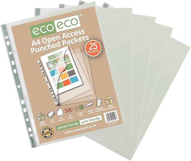 eco-eco 100% Recycled Premier Multi Punched Pockets Glass Clear, Open Top and Side, Transparent Poly Wallet Sheet Protector, 90 Microns (Pack of 25), Grey, A4