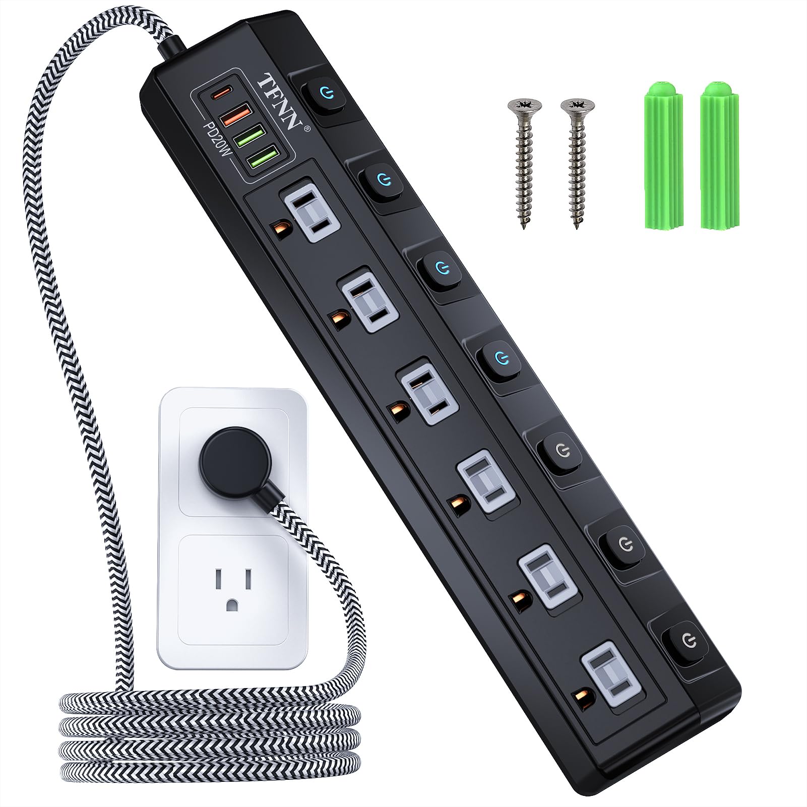 Power Strip with USB Ports,Wall Mount 5FT Total 70W 4 USB Charging Station,USB-C(PD 20W) 3USB-A(QC20W*1,5V3A*2),Individually Switchable 1875W Extension Cord with 6 Outlets,Overload Protection