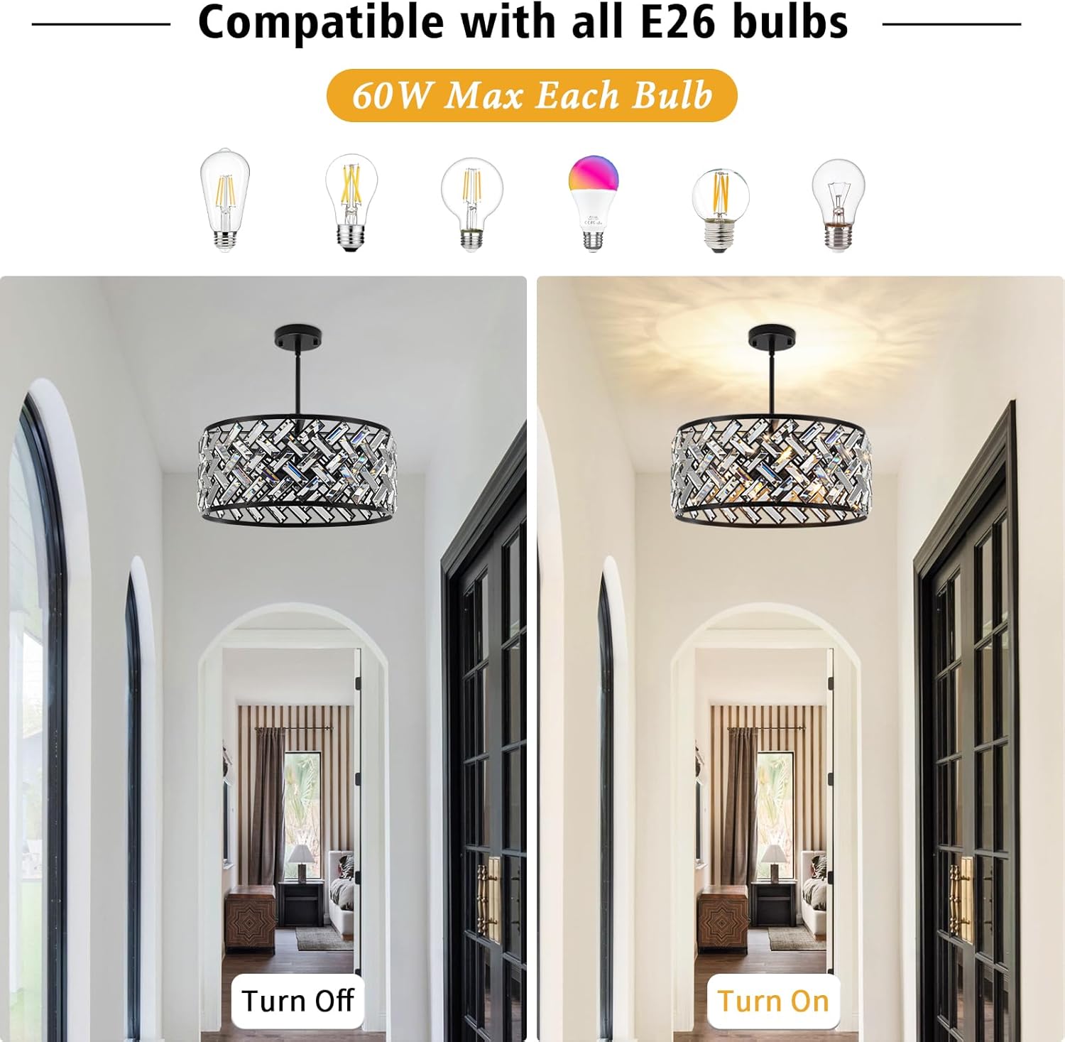 19.6” Crystal Chandeliers for Dining Room, 5 Light Black Farmhouse Chandelier Large Crystal Pendant Light Fixture, Luxury Modern Chandeliers for Kitchen, Bedroom, Living Room, Hallway, Foyer, Entryway