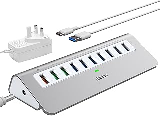Powered USB Hub 10Gbps, intpw 10 Port USB 3.1 Gen 2 Hub with 7 USB 3.1 Data Ports, 3 Fast Charging Ports, 36W Power Adapter, 3.3ft Type A and Type C Cable, Aluminum USB 3.2 Hub for Mac, PC, Laptop