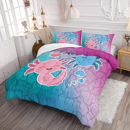 Miniatura 3 de HOSIMA Axolotl - Juego de edredón Kawaii con patrón de ajolote rosa y azul, para decoración de dormitorio de niños, juego de cama individual para