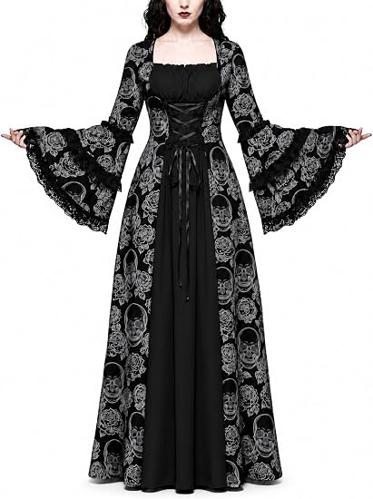 Womens Halloween Gothic Witch Dress, Victorian Corset Lace Up Long Costume