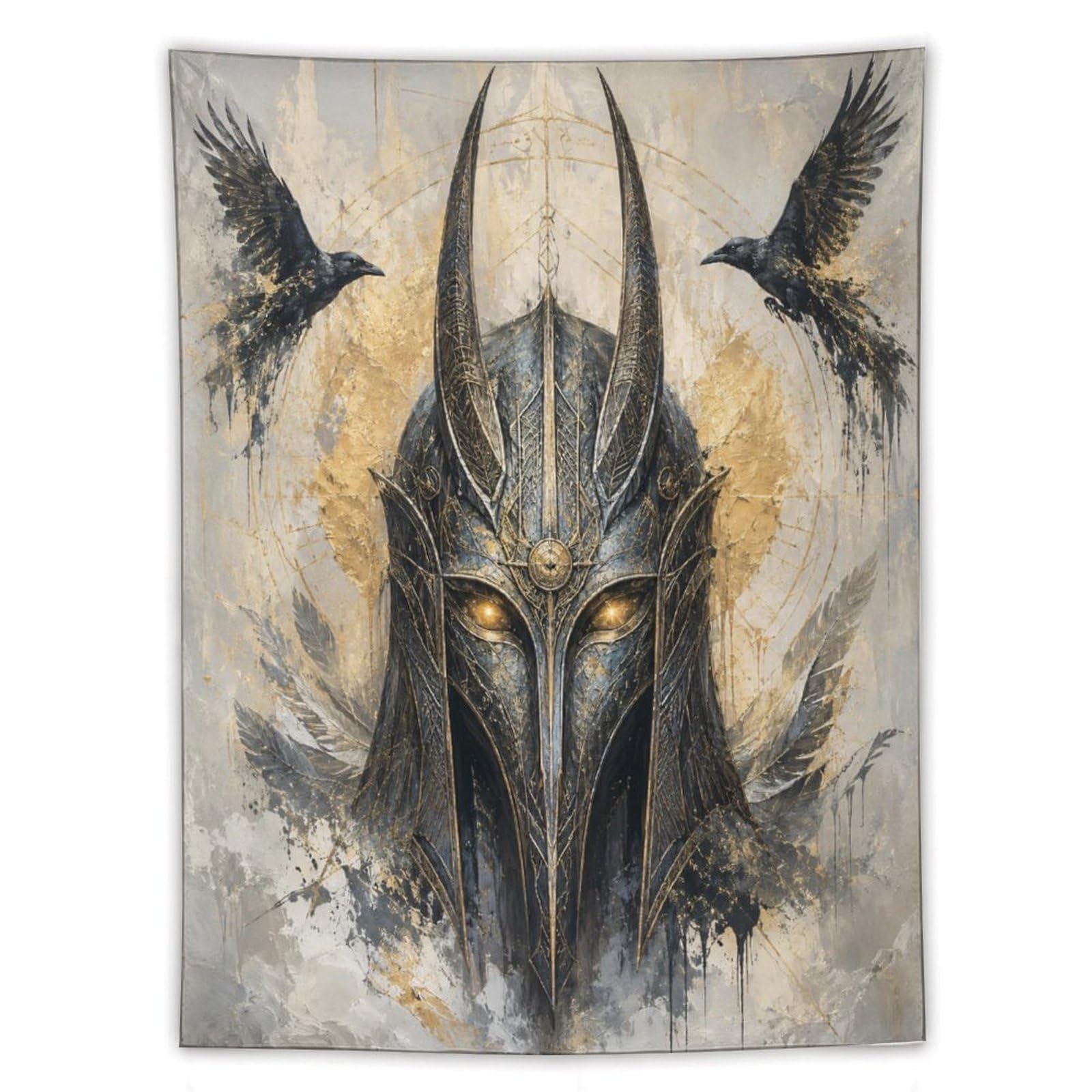 W7C8U2X3 Viking Helmet Twin Ravens Wall Tapestry, Oil Painting