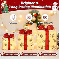 Vista 3 de Decoraciones de Navidad, juego de 3 cajas de regalo iluminadas de Navidad, cajas de regalo de Navidad a pilas, LED blanco cálido con lazos