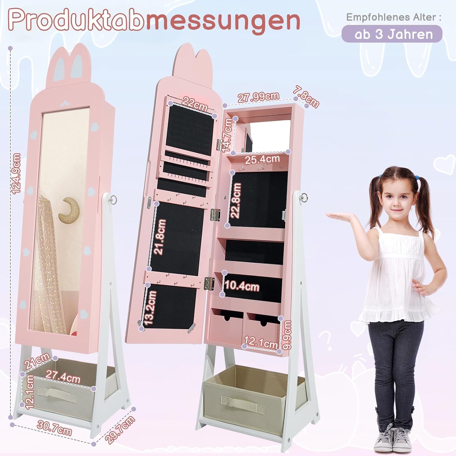 LEADZM Kinder Schmuckschrank mit Spiegel，Schmuckschrank Hängend， 3-in-1 Spiegelschrank mit Ganzkörperspiegel & Aufbewahrungskorb，Für Kinderzimmer Geeignet，Hasenstil，für Kinder ab 3 Jahren（Rosa）
