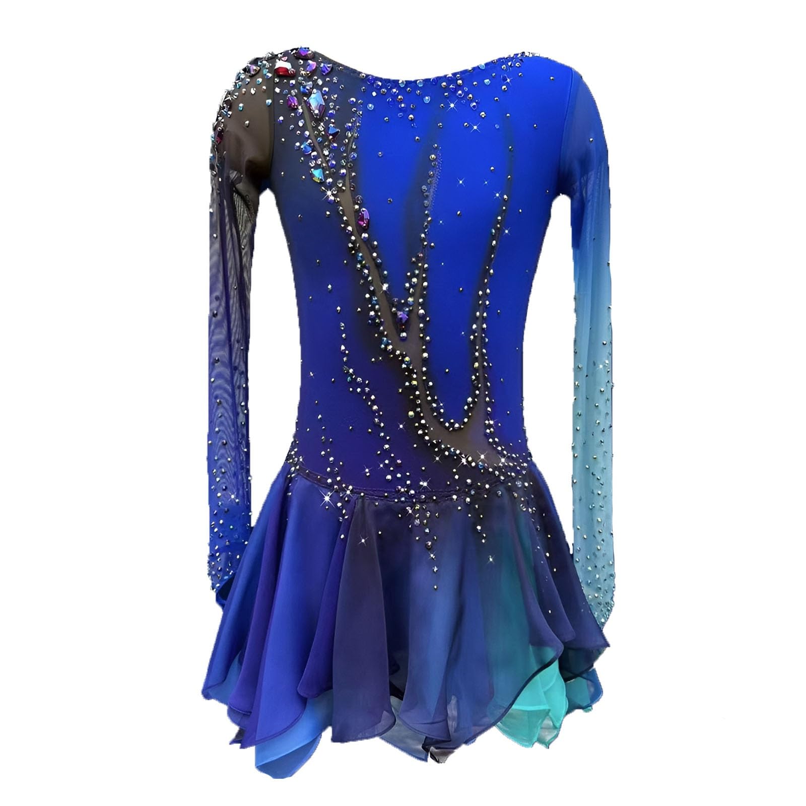 Women's Long Sleeve Figure Skating Dress for Competitions and Performance, Girl's Elegant Ice Skating Dress(Medium) Blue