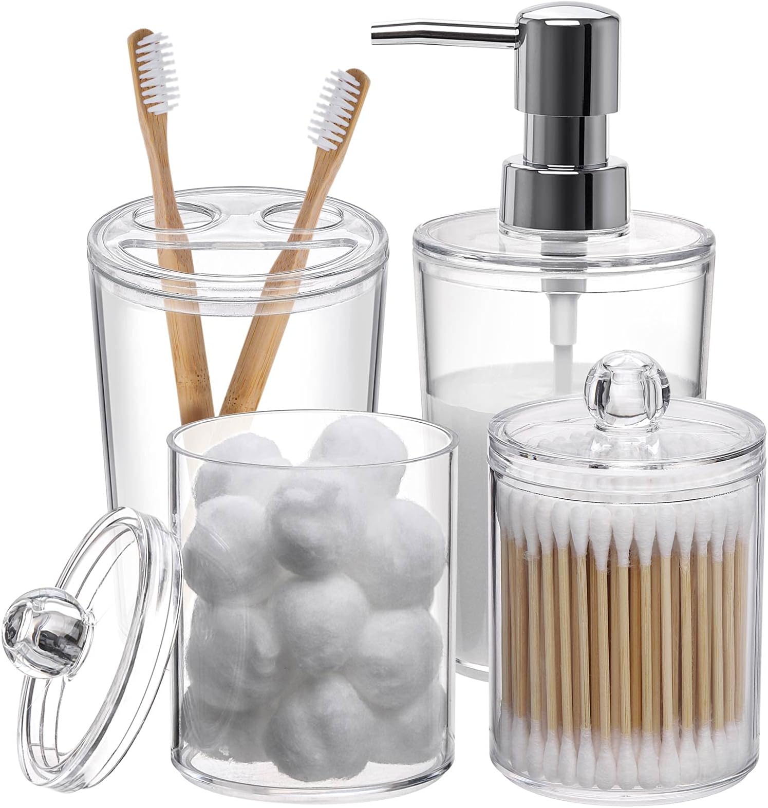 Plastic Clear Bathroom Accessories Set Complete 4 Pcs - Soap Dispenser, 2 Qtip Holder Jars and Toothbrush Holder, Counter Decor