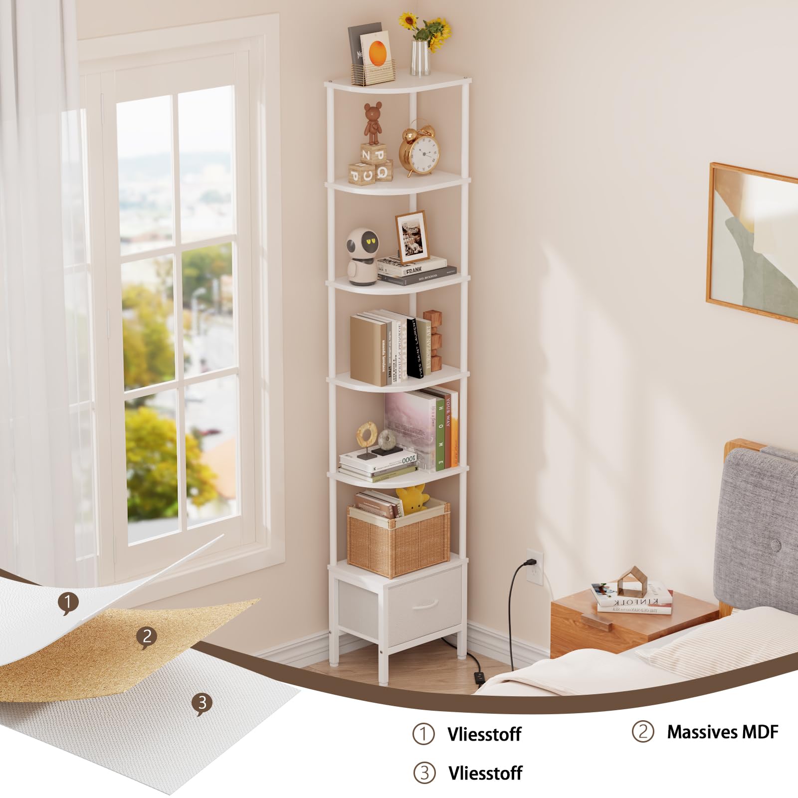 Eckregal mit LED-Beleuchtung, 6 Ebenen und Stoffschublade, 191 cm hoch, für Wohnzimmer, Schlafzimmer, Büro - Weiß