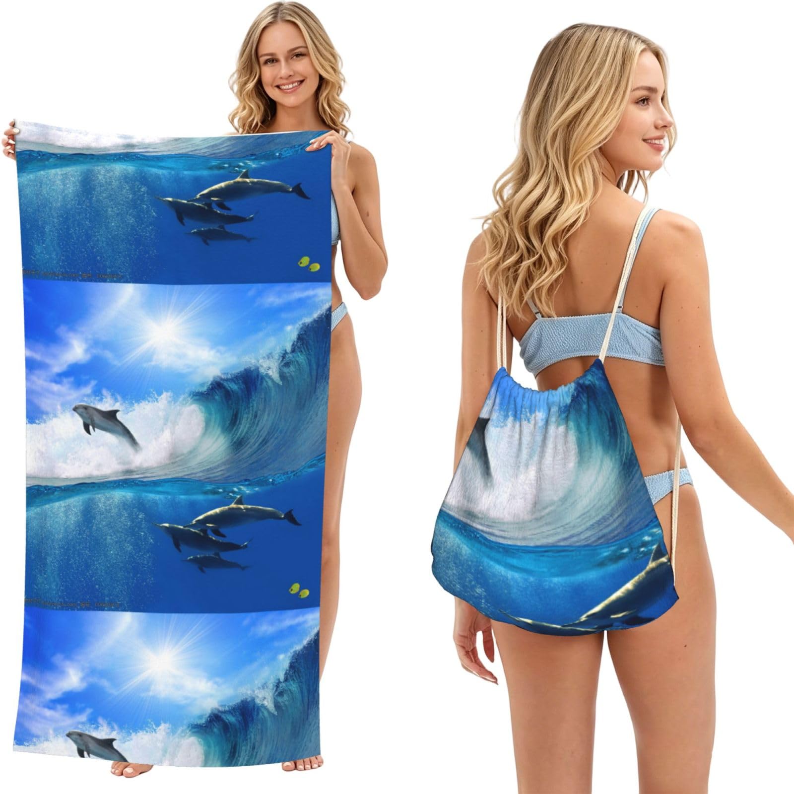 Poadnly As Picture Four Dolphins In The Sea Of Whales, 2 In 1 Packable Towel Bag, Beach Towels With Drawstring Backpack For Travel Holiday Camping