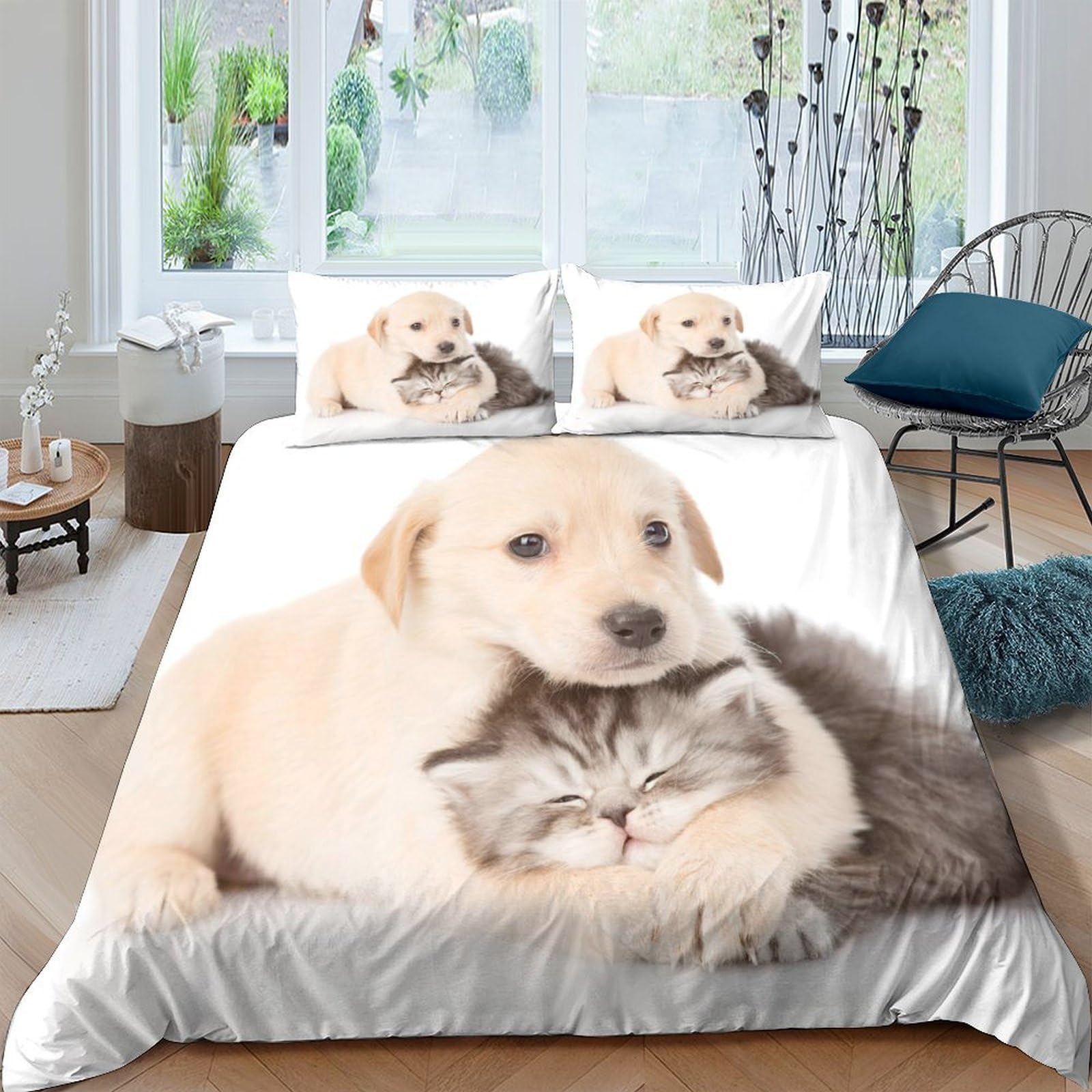 GPLZQXKJNH 3D Printed Puppy and Kitten Duvet Cover Microfiber Soft Breathable Animal Friends Bedding Set with 2 Pillowcases for Bedroom Decor Single（135x200cm）
