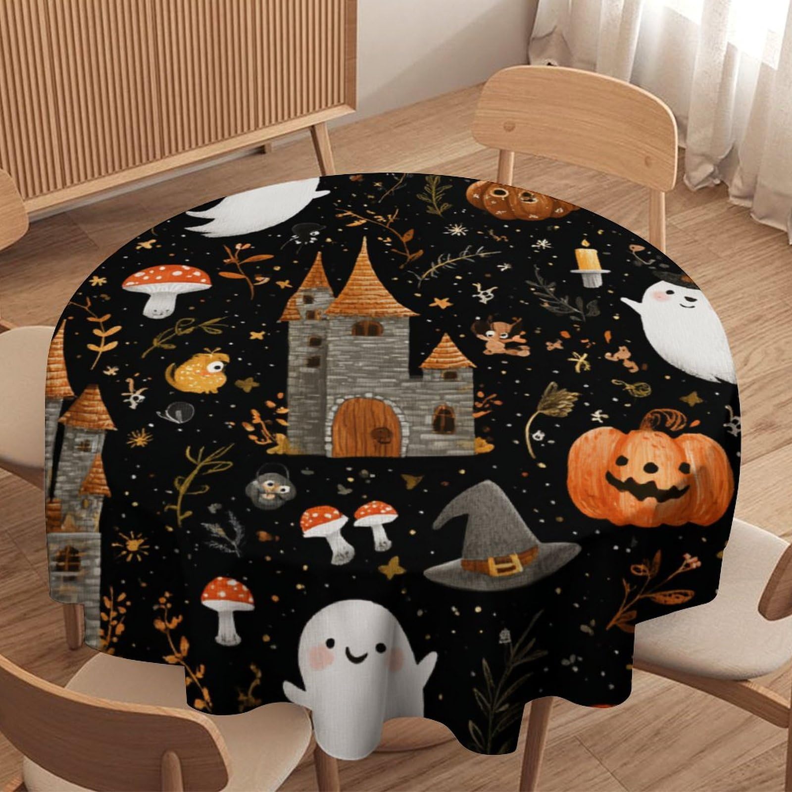 LUYYSKY Beautiful Funny Cute Ghost Waterproof Round Tablecloth Modern Abstract Halloween Castle Plant Pumpkin Print Washable Table Cover for Kitchen-177.8" Wx177.8 L cm